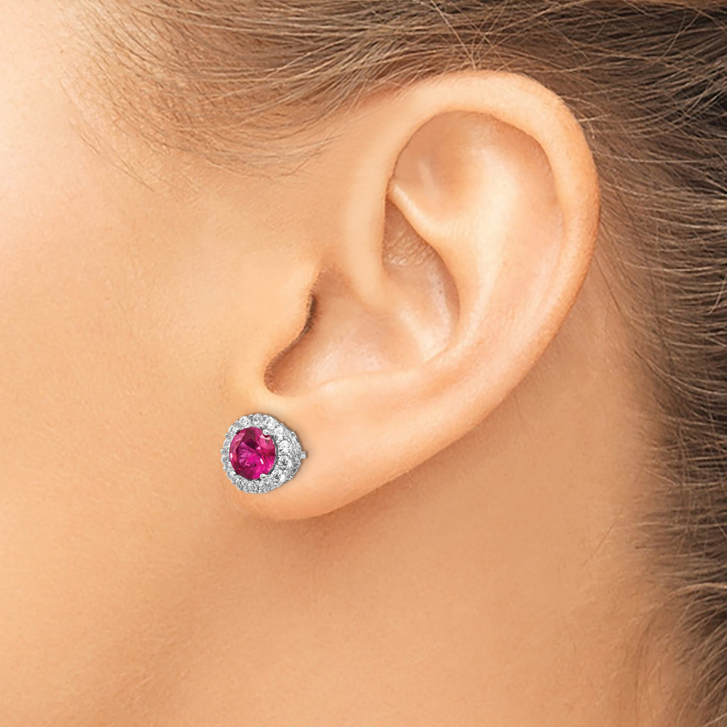 Sterling Silver Rhodium-Plated Brilliant-Cut Lab-Created Ruby and Brilliant-Cut White Cubic Zirconia Round Halo Post Earrings