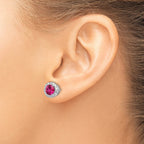 Sterling Silver Rhodium-Plated Brilliant-Cut Lab-Created Ruby and Brilliant-Cut White Cubic Zirconia Round Halo Post Earrings