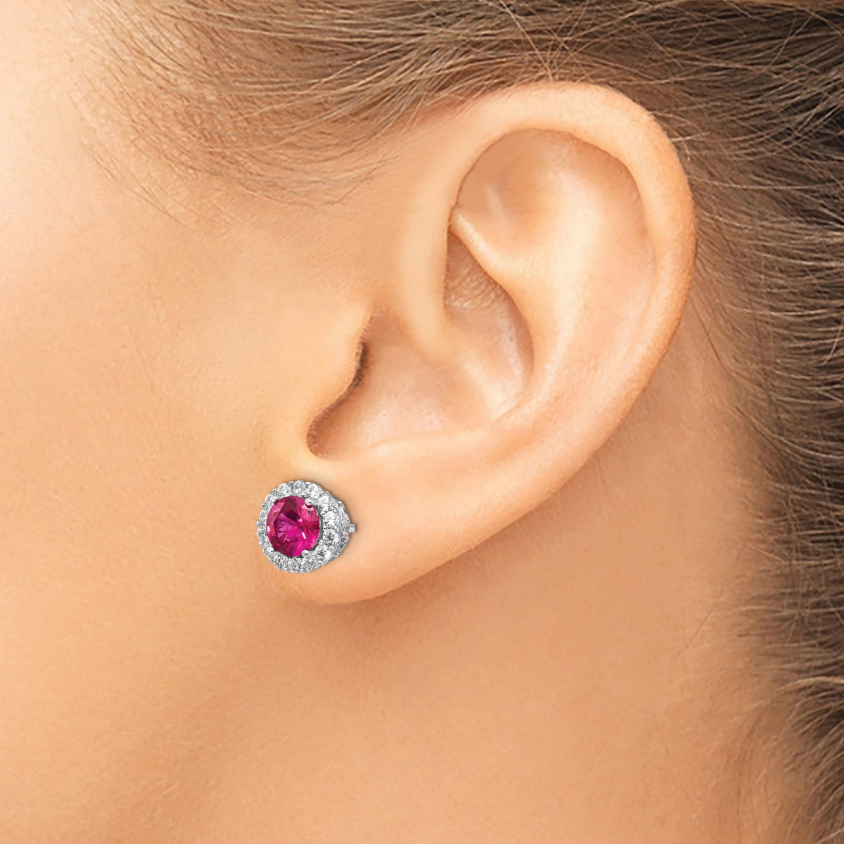 Sterling Silver Rhodium-Plated Brilliant-Cut Lab-Created Ruby and Brilliant-Cut White Cubic Zirconia Round Halo Post Earrings