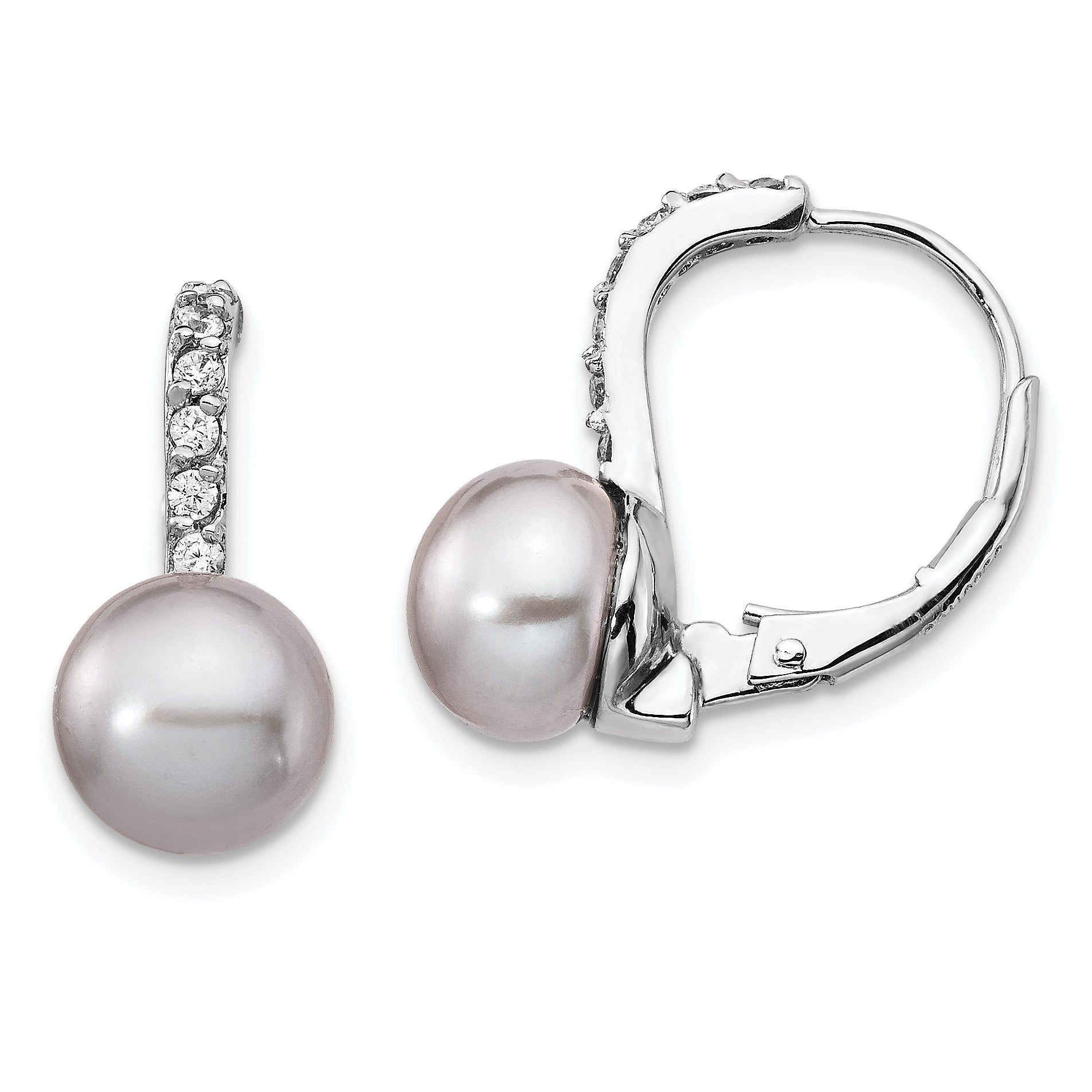 Cheryl M Sterling Silver Rhodium-plated Grey Freshwater Cultured Pearl and Brilliant-cut CZ Leverback Earrings Main image