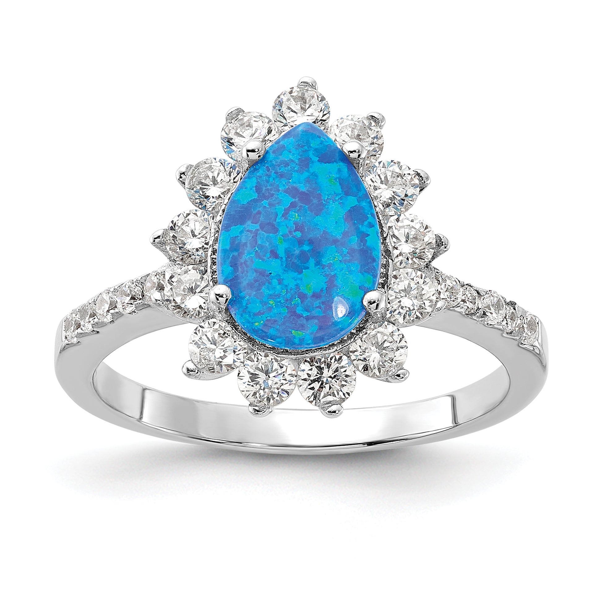 Cheryl M Sterling Silver Rhodium-plated Cabochon Lab Created Blue Opal and Brilliant-cut CZ Teardrop Shaped Ring Main image