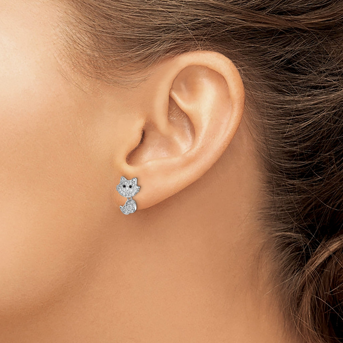 Black & White Cubic Zirconia Cat Stud Dangle Earrings in Sterling Silver, 1mm - Sophia Jewelers