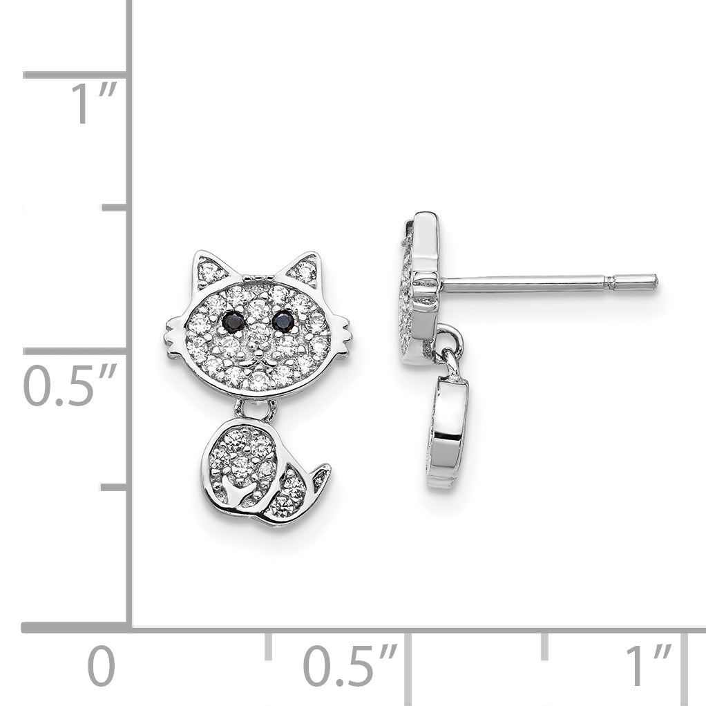 Cheryl M Sterling Silver Rhodium-plated Moveable Brilliant-cut Black and White CZ Cat Post Dangle Earrings
