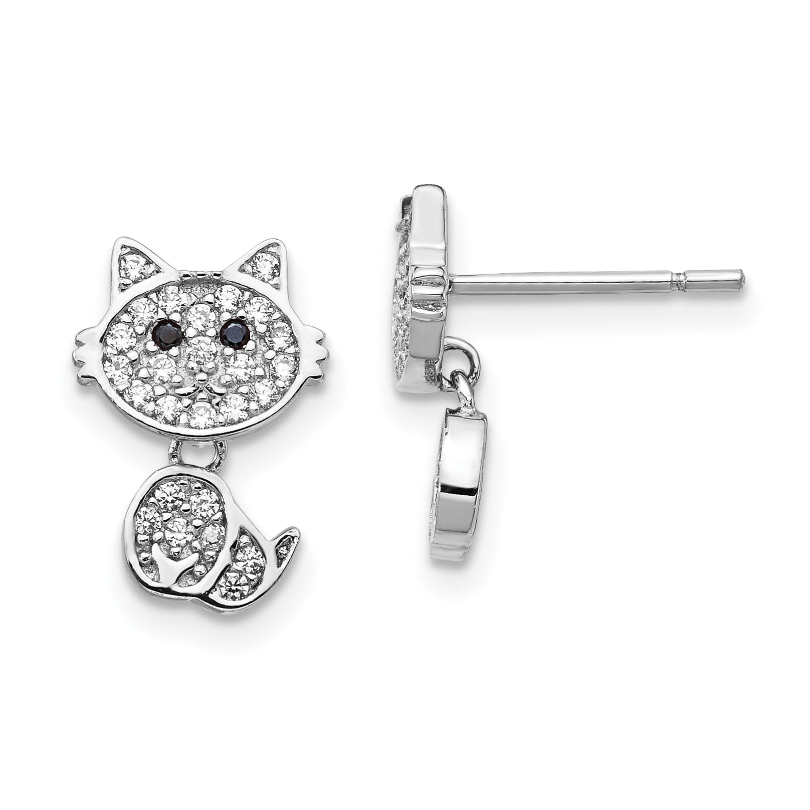 Cheryl M Sterling Silver Rhodium-plated Moveable Brilliant-cut Black and White CZ Cat Post Dangle Earrings Main image
