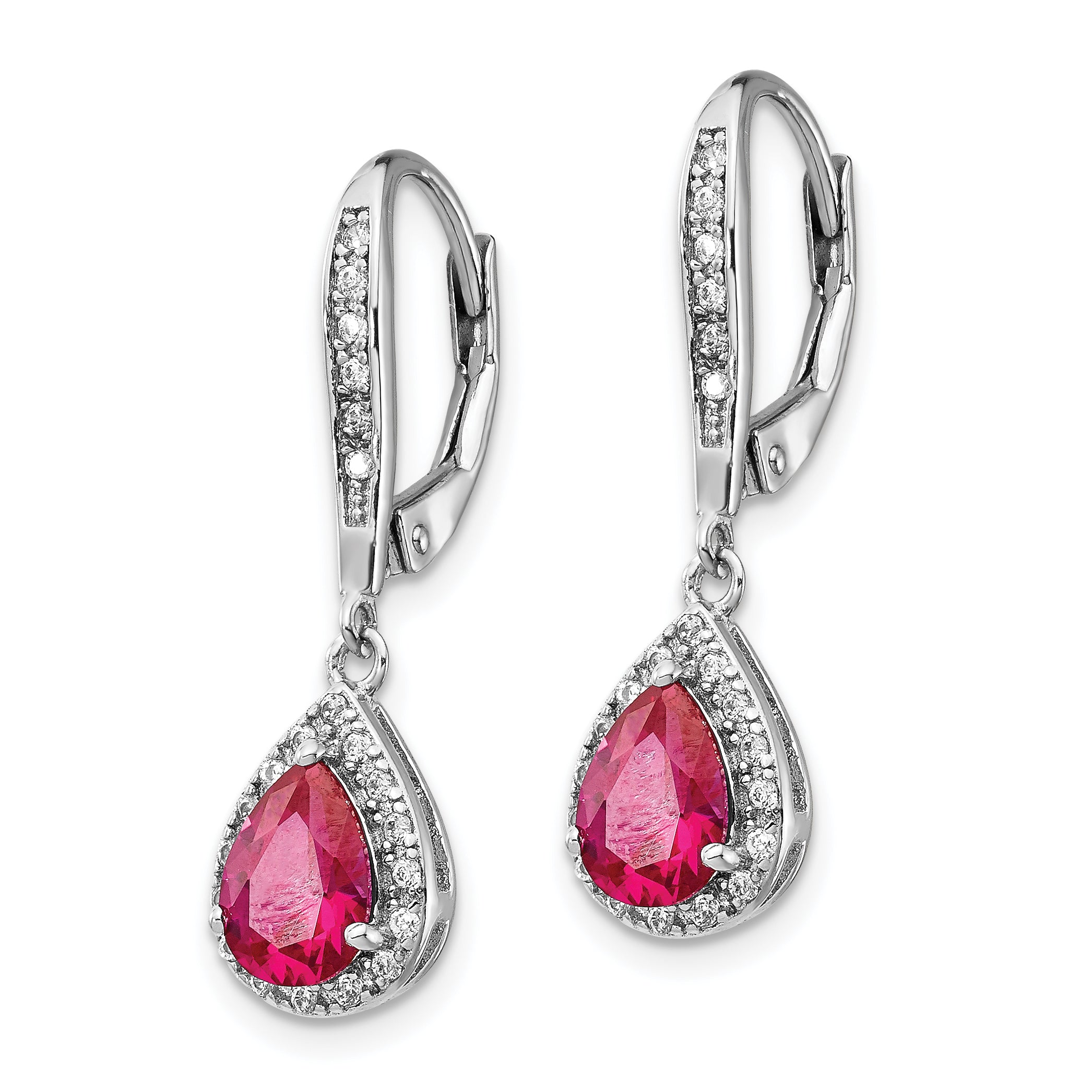Cheryl M Sterling Silver Rhodium-plated Brilliant-cut Lab Created Ruby and Brilliant-cut White CZ Teardrop Leverback Dangle Earrings Secondary image