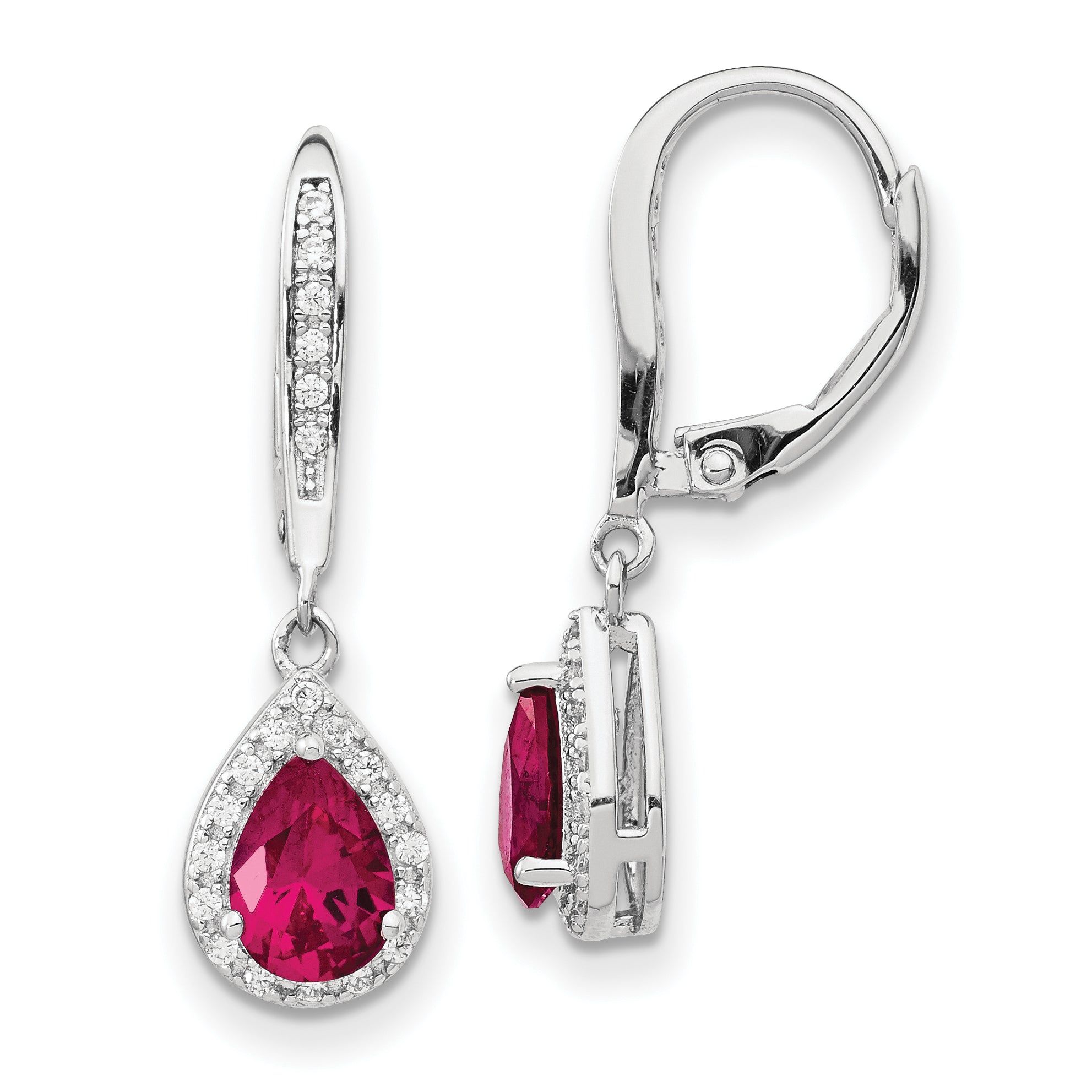 Cheryl M Sterling Silver Rhodium-plated Brilliant-cut Lab Created Ruby and Brilliant-cut White CZ Teardrop Leverback Dangle Earrings Main image