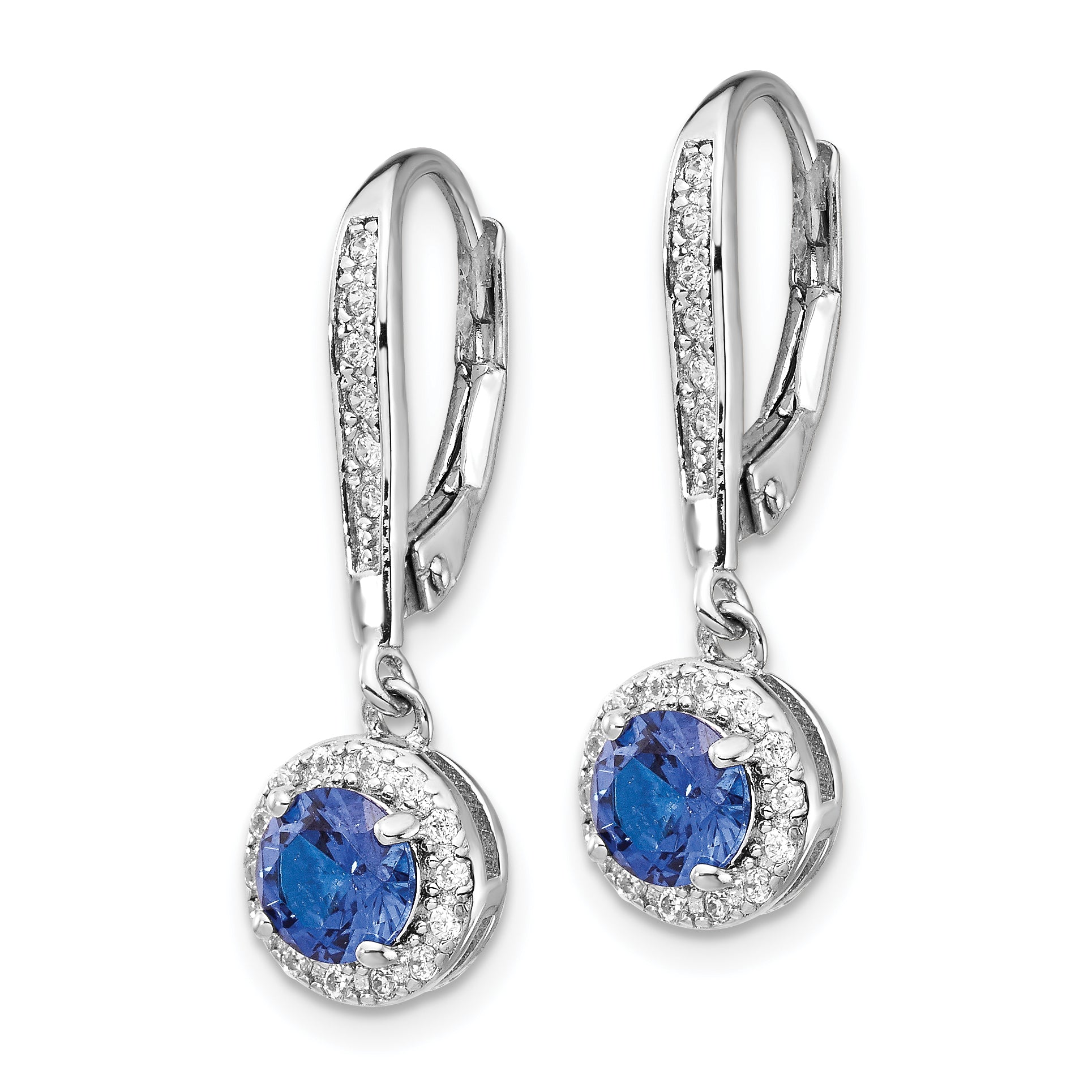 Cheryl M Sterling Silver Rhodium-plated Brilliant-cut Lab Created Dark Blue Spinel and Brilliant-cut White CZ Round Halo Leverback Dangle Earrings Secondary image