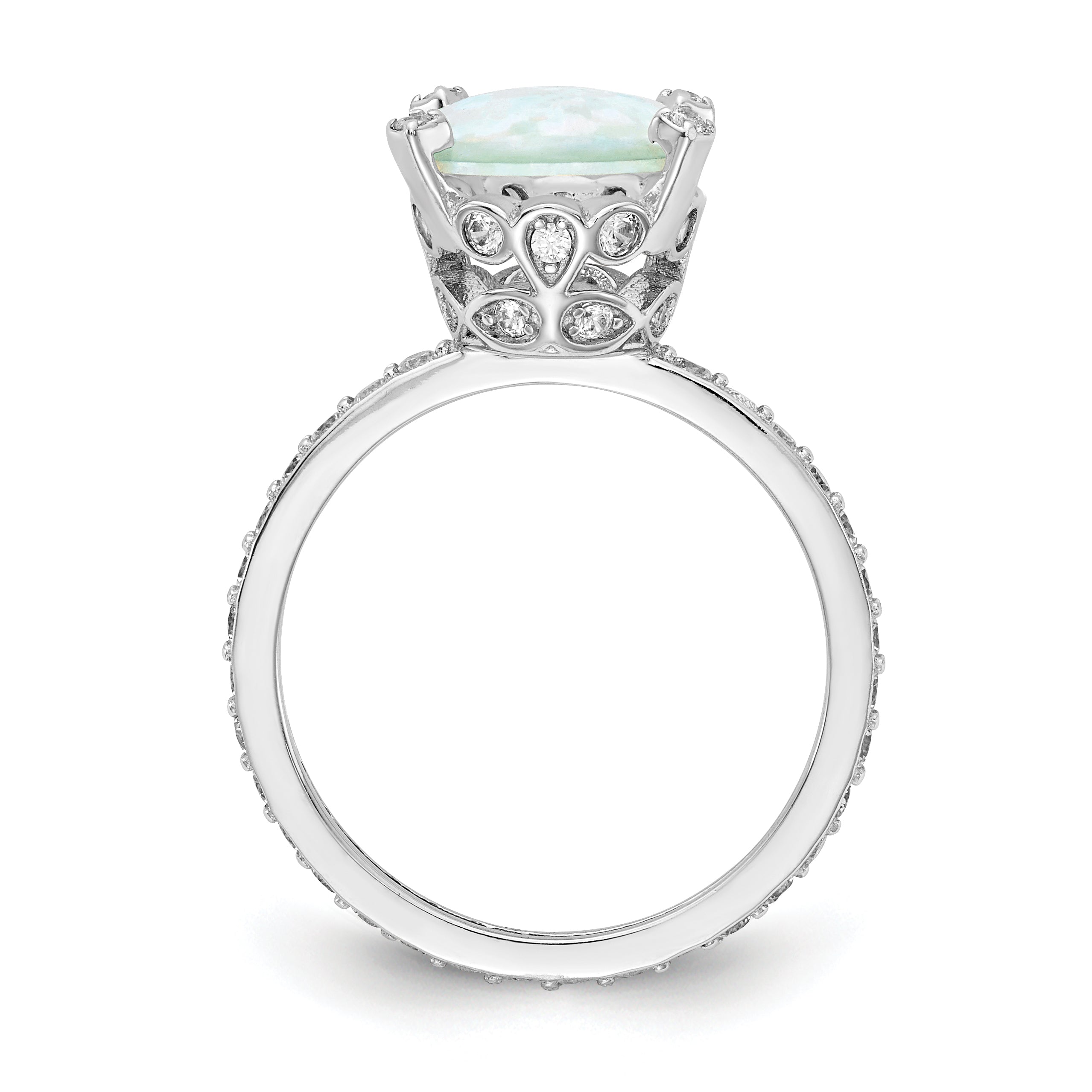 Cheryl M Sterling Silver Rhodium-plated Cabochon Lab Created Opal and Brilliant-cut CZ Oval with Side Stones Ring Secondary image