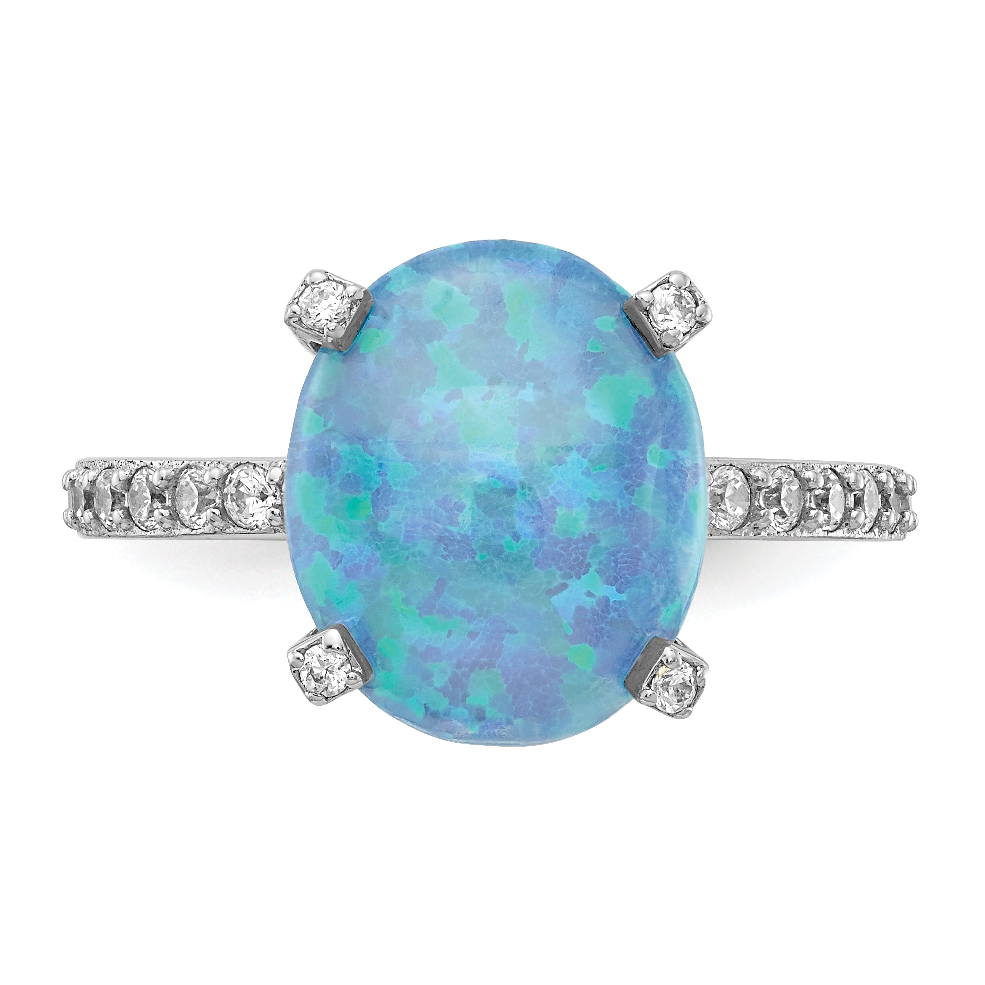 Cheryl M Sterling Silver Rhodium-plated Cabochon Lab Created Blue Opal and Brilliant-cut CZ Oval with Side Stones Ring