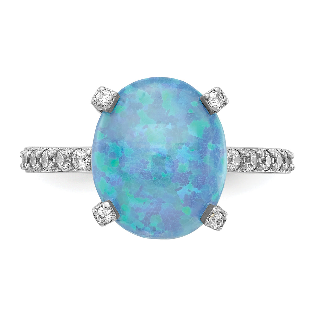 Cheryl M Sterling Silver Rhodium-plated Cabochon Lab Created Blue Opal and Brilliant-cut CZ Oval with Side Stones Ring