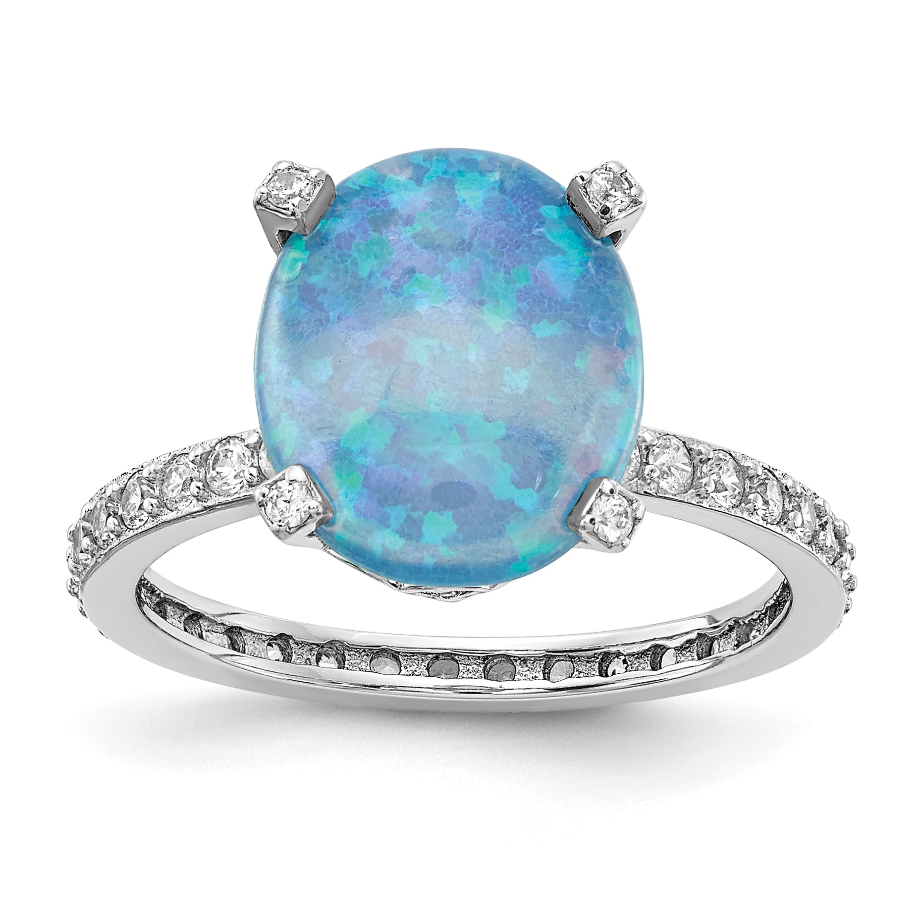 Cheryl M Sterling Silver Rhodium-plated Cabochon Lab Created Blue Opal and Brilliant-cut CZ Oval with Side Stones Ring Main image