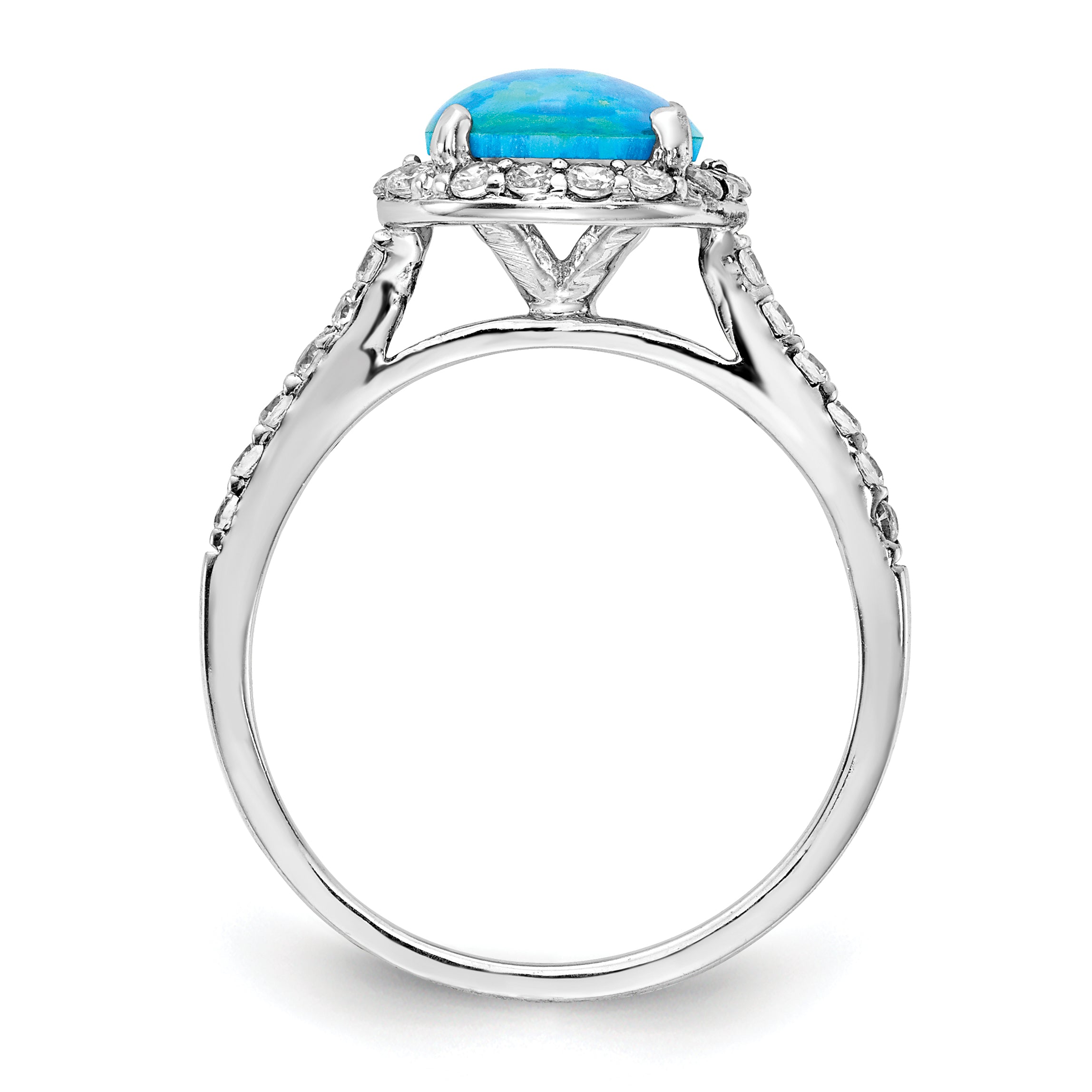 Cheryl M Sterling Silver Rhodium-plated Cabochon Lab Created Blue Opal and Brilliant Cut CZ Halo with Side Stones Ring Secondary image