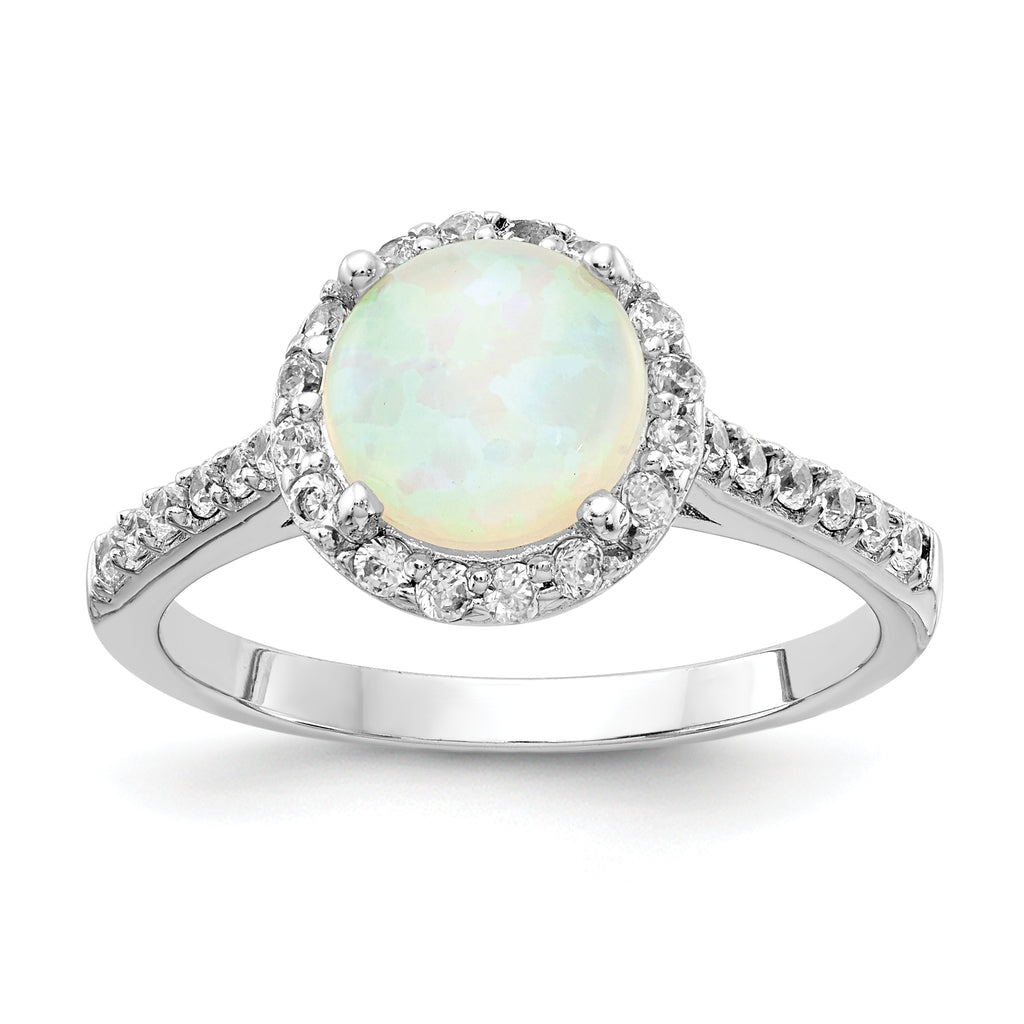 Cheryl M Sterling Silver Rhodium-plated Cabochon Lab Created Opal and Brilliant-cut CZ Halo Ring