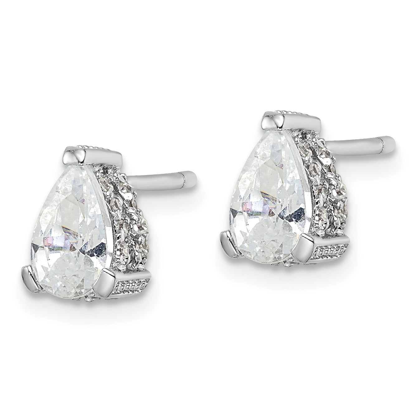 Cheryl M Sterling Silver Rhodium-plated Brilliant-cut Pear Shaped CZ with Pave Gallery Post Stud Earrings