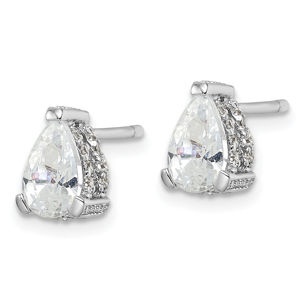 Cheryl M Sterling Silver Rhodium-plated Brilliant-cut Pear Shaped CZ with Pave Gallery Post Stud Earrings