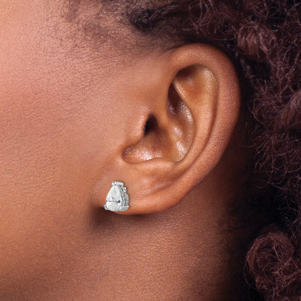 Cheryl M Sterling Silver Rhodium-plated Brilliant-cut Pear Shaped CZ with Pave Gallery Post Stud Earrings