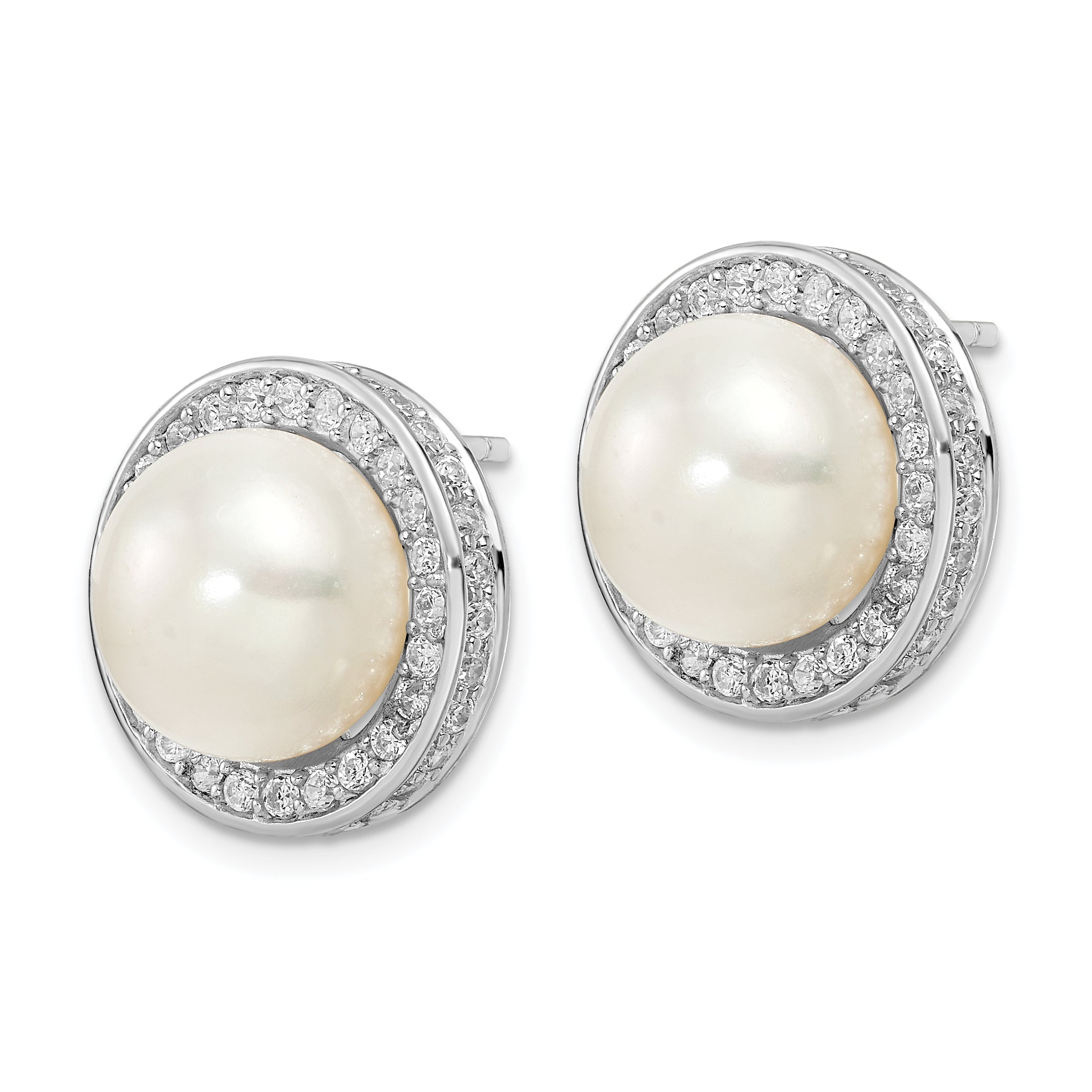 Cheryl M Sterling Silver Rhodium-plated 12mm Button Freshwater Cultured Pearl and Brilliant-cut CZ Halo Post Earrings Secondary image
