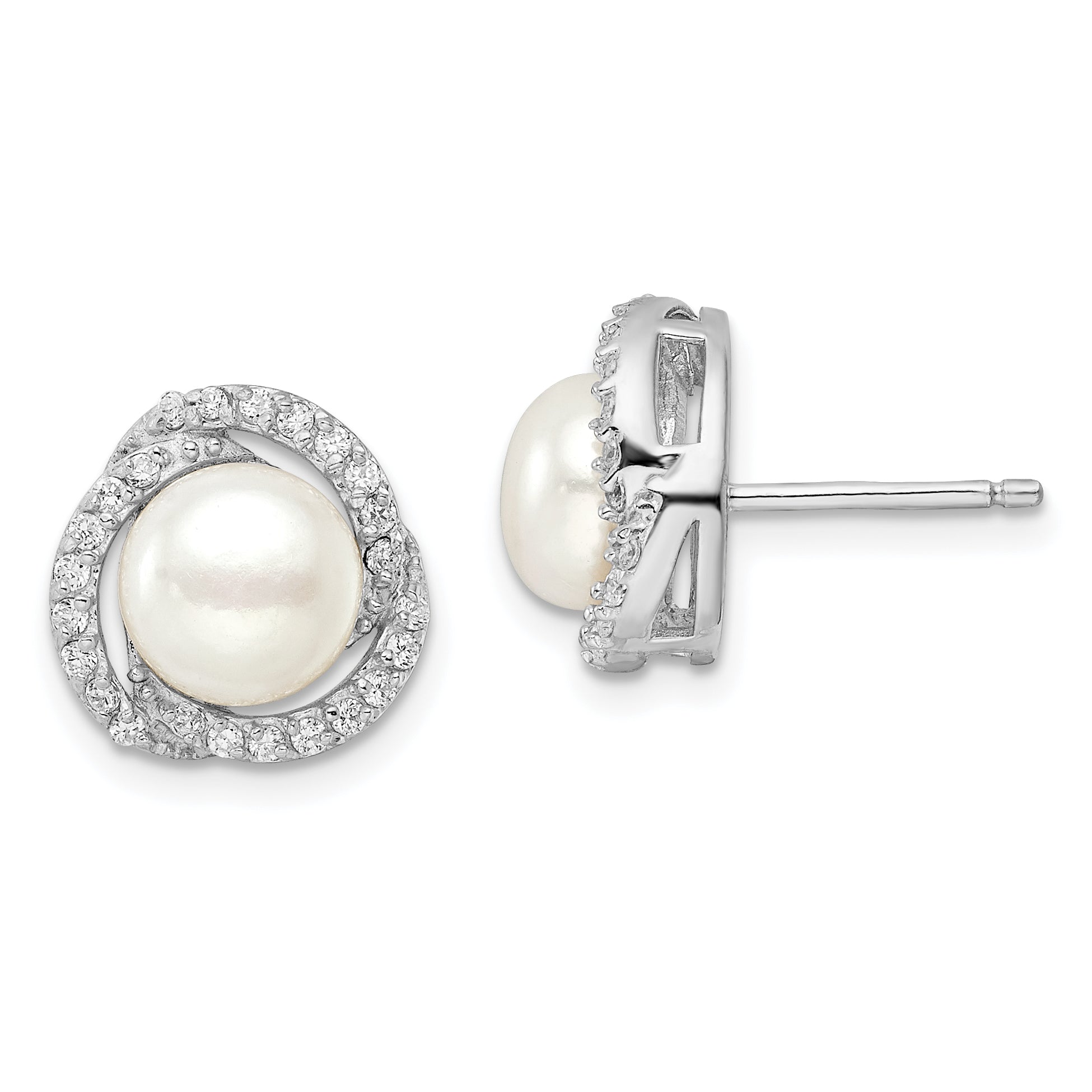 Cheryl M Sterling Silver Rhodium-plated Freshwater Cultured Pearl and Brilliant-cut CZ Love Knot Post Earrings Main image