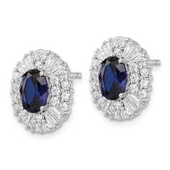 Cheryl M Sterling Silver Rhodium-plated Brilliant-cut Lab Created Dark Blue Spinel and Tapered Baguette-cut/Brilliant-cut White CZ Oval Halo Post Earrings