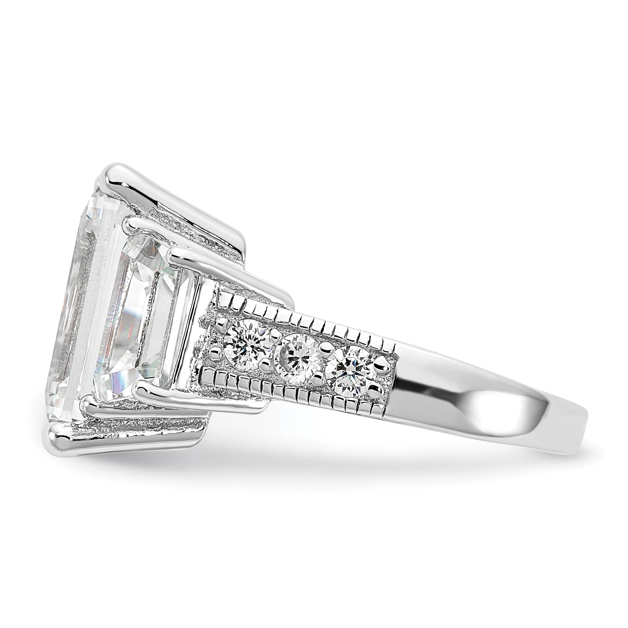 Cheryl M Sterling Silver Rhodium-plated Fancy Emerald-cut and Brilliant-cut CZ 3 Stone Ring Secondary image
