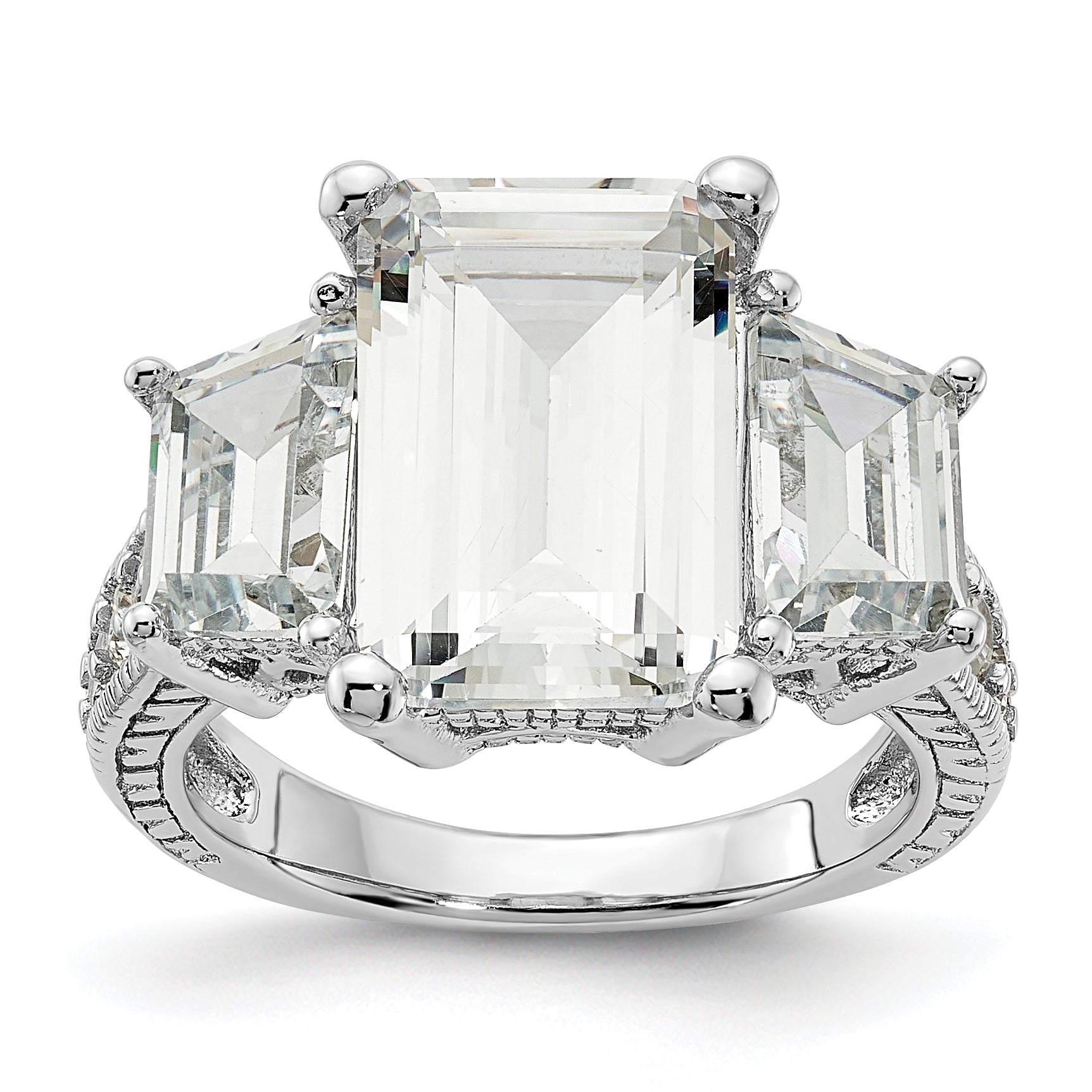 Cheryl M Sterling Silver Rhodium-plated Fancy Emerald-cut and Brilliant-cut CZ 3 Stone Ring Main image