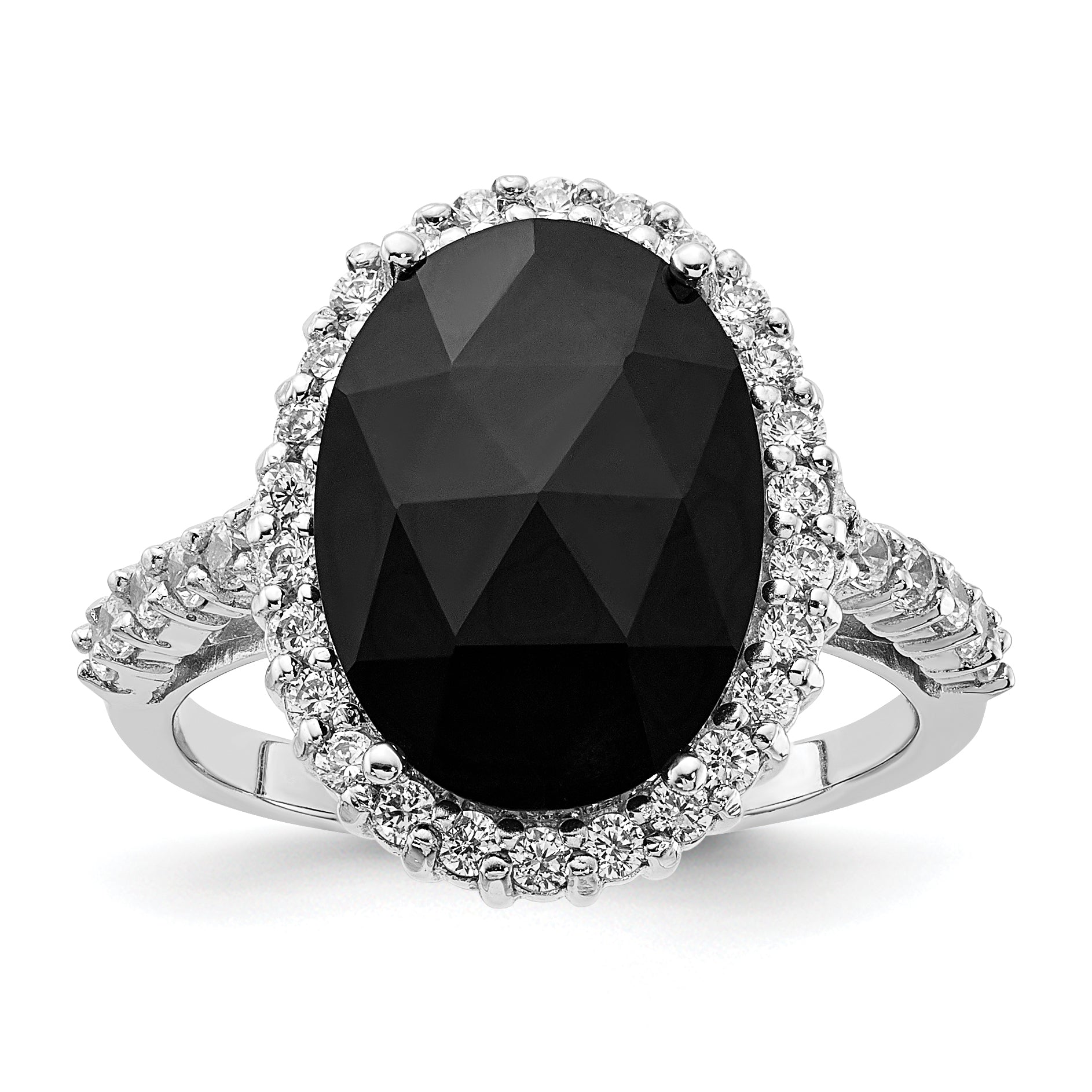 Cheryl M Sterling Silver Rhodium-plated Checker-cut Black CZ and Brilliant-cut White CZ Oval Halo Ring Main image