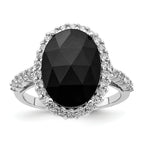 Cheryl M Sterling Silver Rhodium-plated Checker-cut Black CZ and Brilliant-cut White CZ Oval Halo Ring