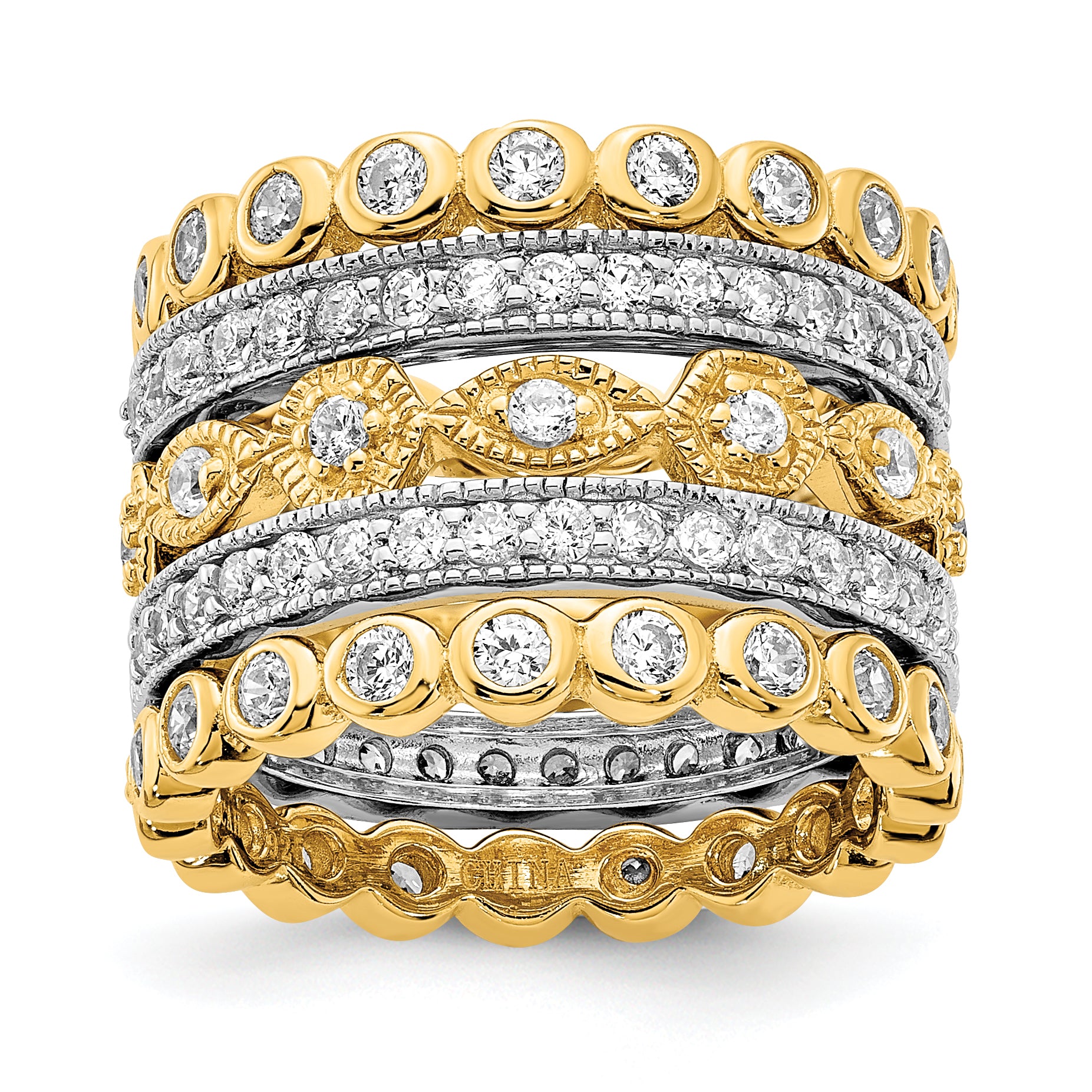 Cheryl M Sterling Silver Rhodium-plated and Gold-plated Brilliant-cut CZ 5 Piece Eternity Band Ring Set Main image