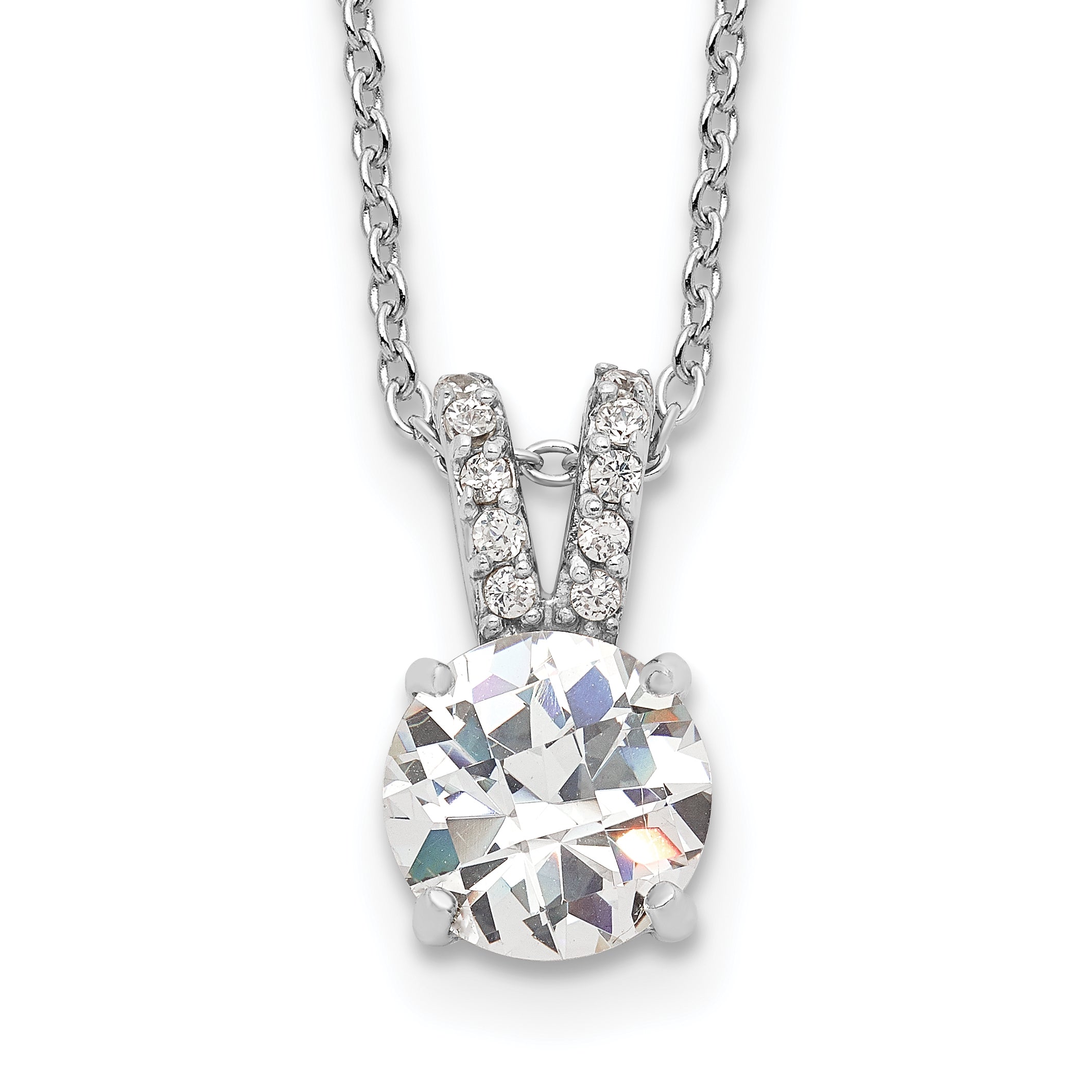 Cheryl M Sterling Silver Rhodium-Rhodium-Plated Brilliant-cut 8mm Round CZ with CZ Split Bail 18 Inch Necklace