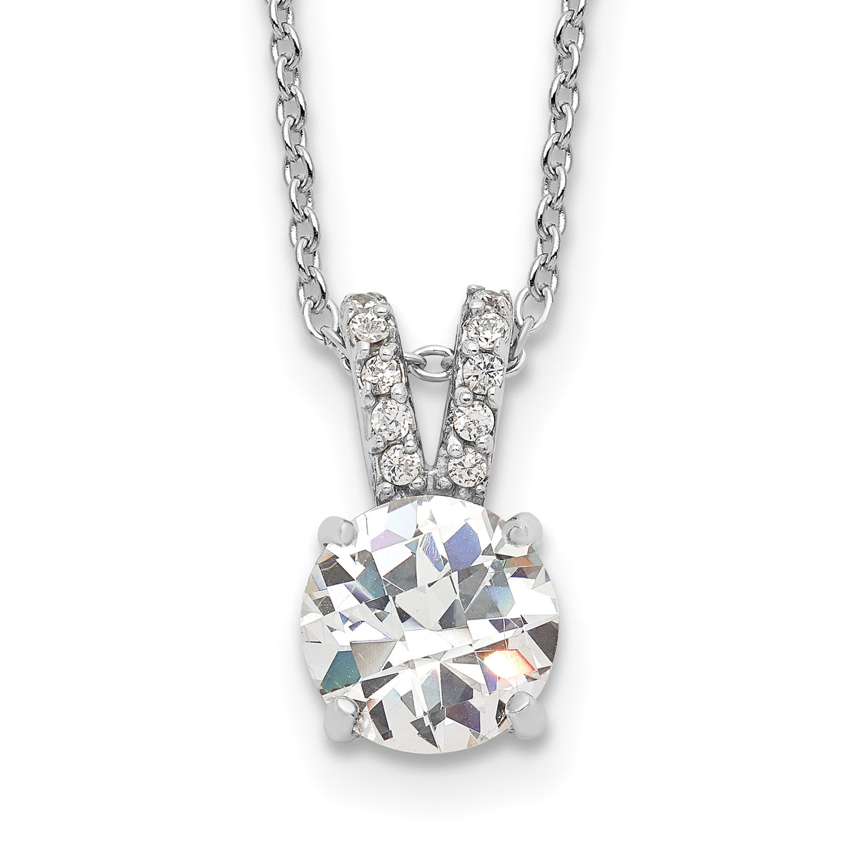 Cheryl M Sterling Silver Rhodium-Rhodium-Plated Brilliant-cut 8mm Round CZ with CZ Split Bail 18 Inch Necklace