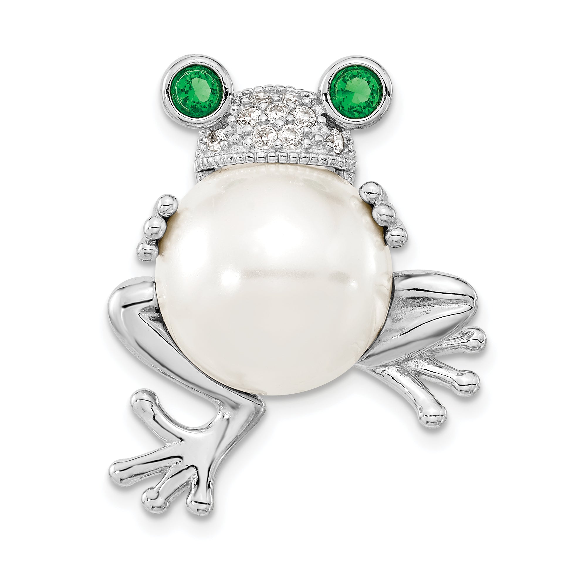 Cheryl M Sterling Silver Rhodium-plated Acrylic Pearl and Brilliant-cut Green and White CZ Frog Pin Main image