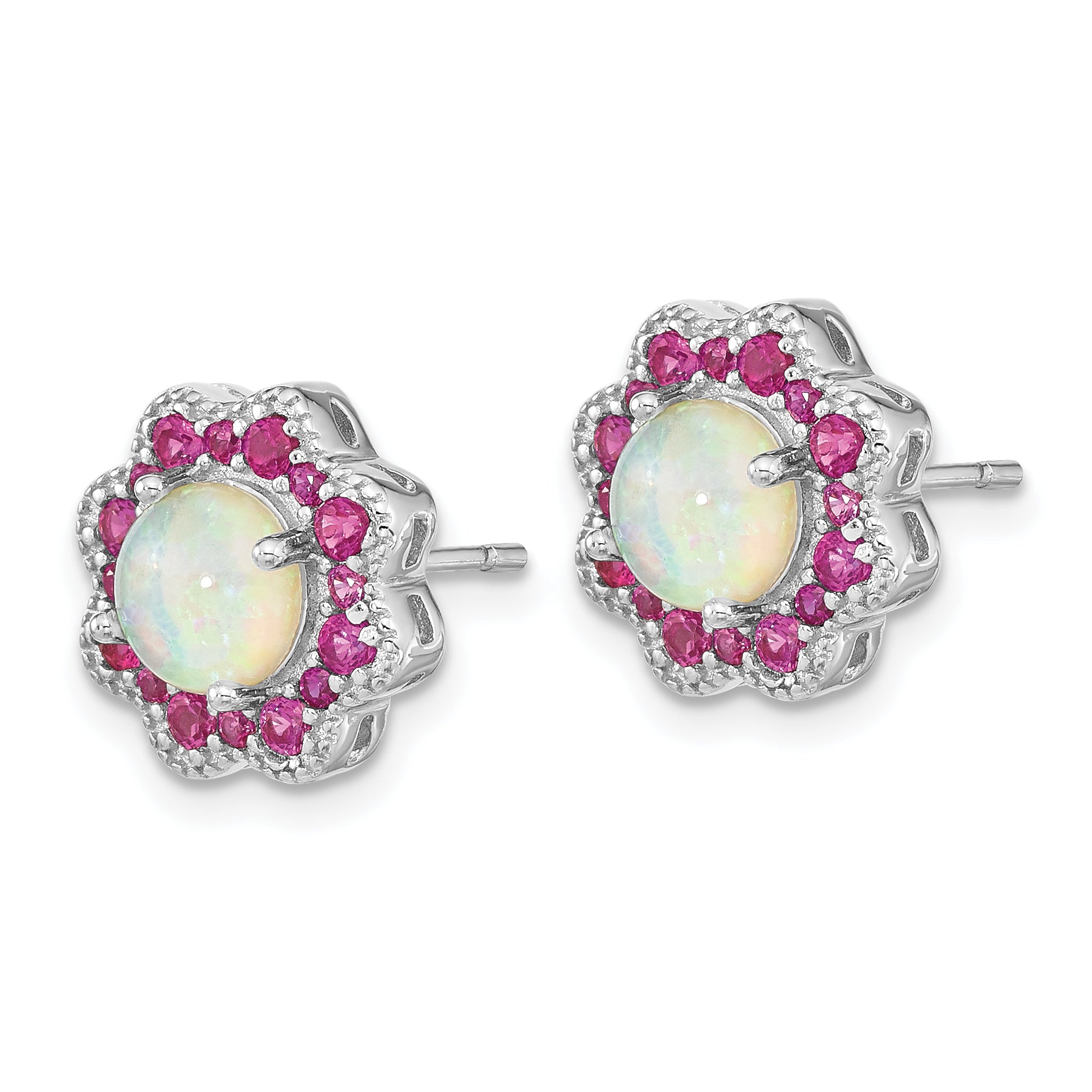 Cheryl M Sterling Silver Rhodium-plated Cabochon Lab Created Opal and Brilliant-cut Red Nano Crystal Flower Post Earrings Secondary image