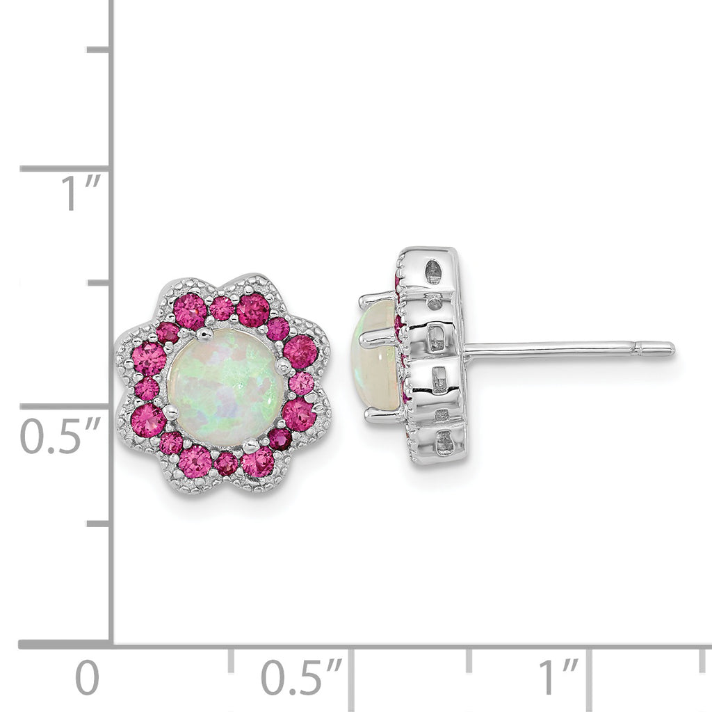 Cheryl M Sterling Silver Rhodium-plated Cabochon Lab Created Opal and Brilliant-cut Red Nano Crystal Flower Post Earrings