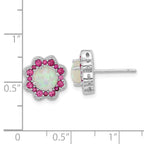 Cheryl M Sterling Silver Rhodium-plated Cabochon Lab Created Opal and Brilliant-cut Red Nano Crystal Flower Post Earrings