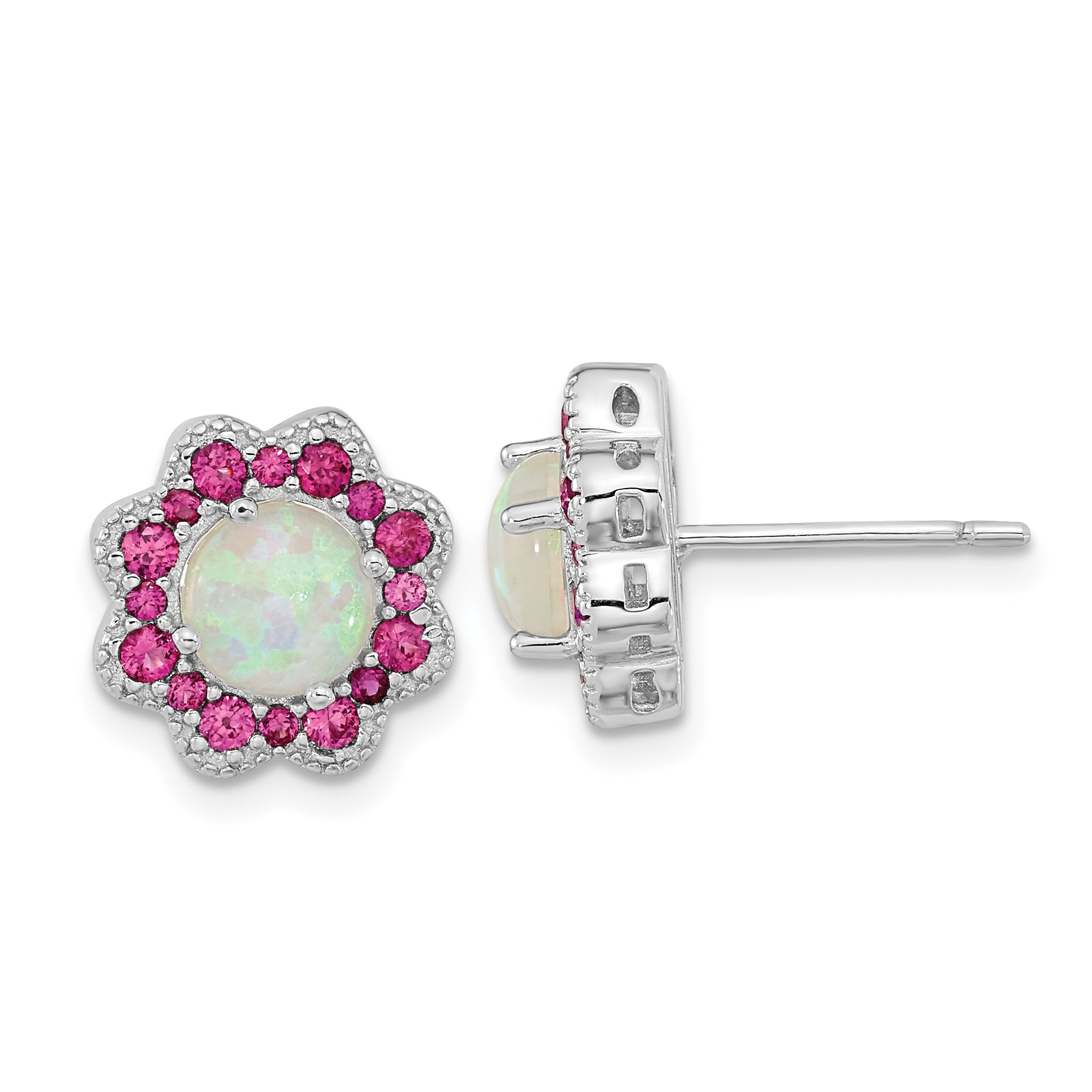 Cheryl M Sterling Silver Rhodium-plated Cabochon Lab Created Opal and Brilliant-cut Red Nano Crystal Flower Post Earrings Main image