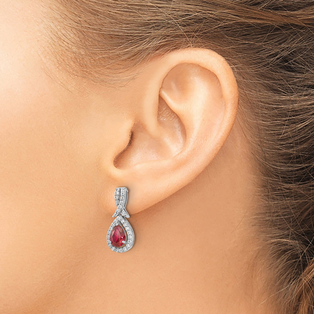 Cheryl M Sterling Silver Rhodium-plated Brilliant-cut Lab Created Ruby and Brilliant-cut White CZ Teardrop Post Dangle Earrings