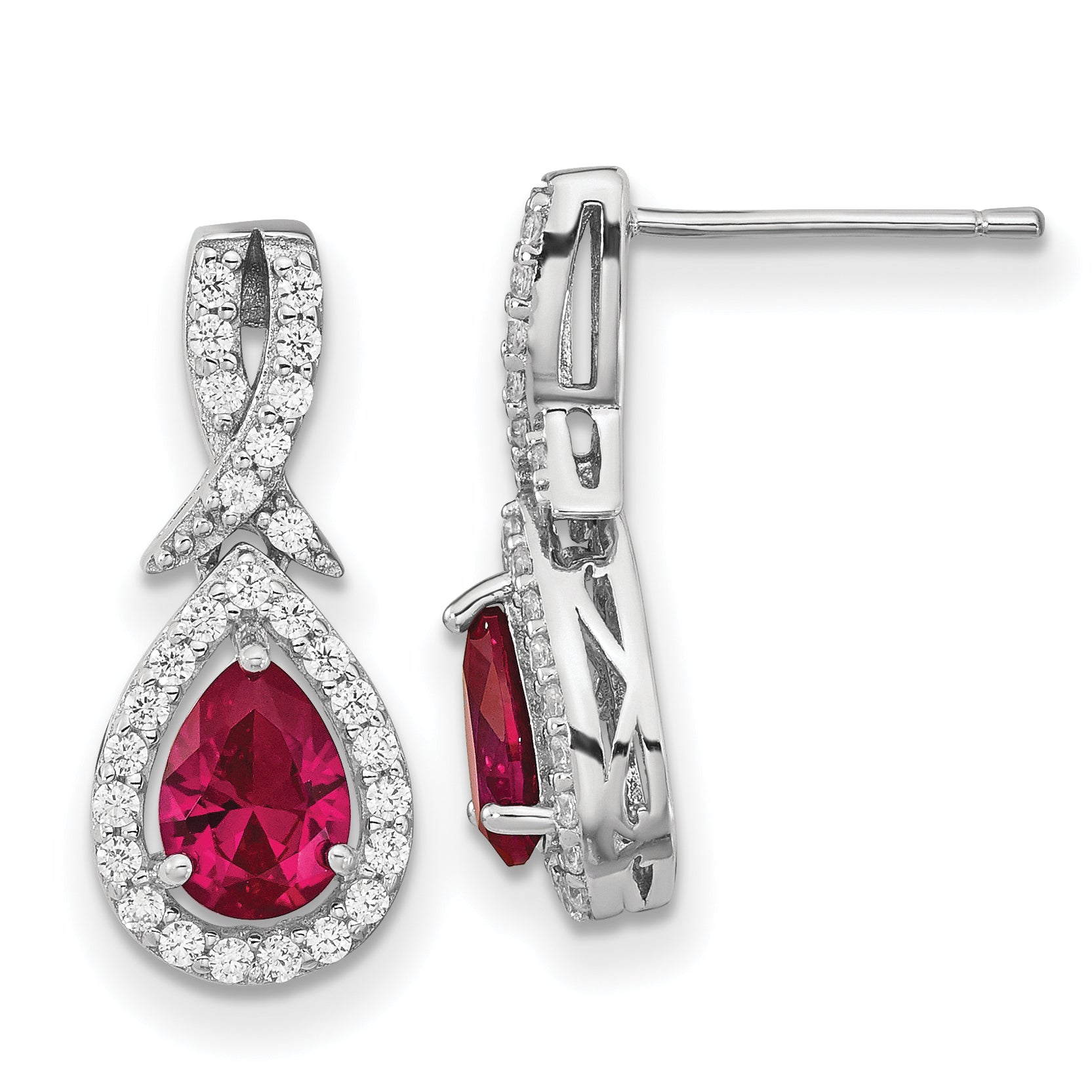 Cheryl M Sterling Silver Rhodium-plated Brilliant-cut Lab Created Ruby and Brilliant-cut White CZ Teardrop Post Dangle Earrings Main image