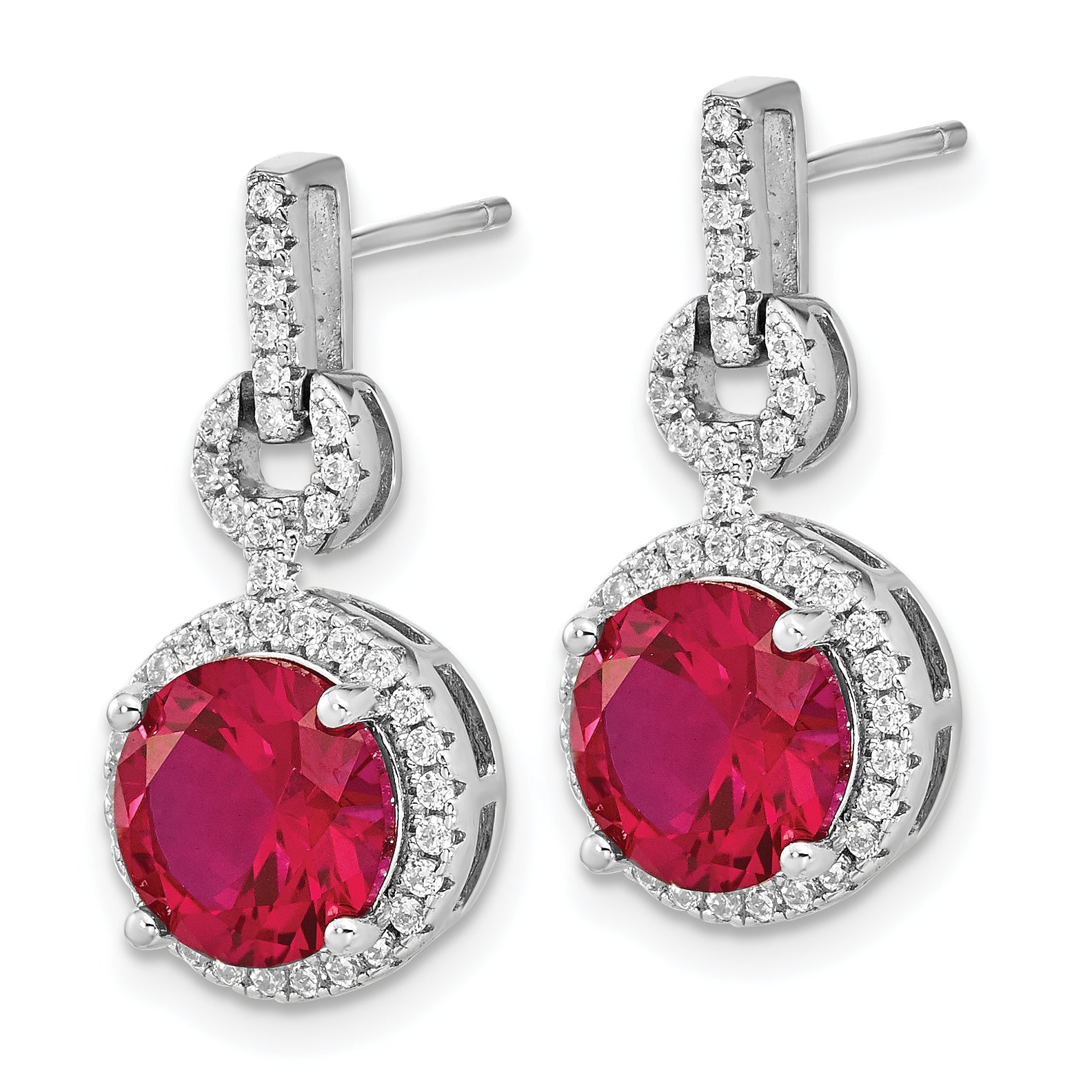 Cheryl M Sterling Silver Rhodium-plated Brilliant-cut Lab Created Ruby and Brilliant-cut White CZ Round Halo Post Dangle Earrings Secondary image