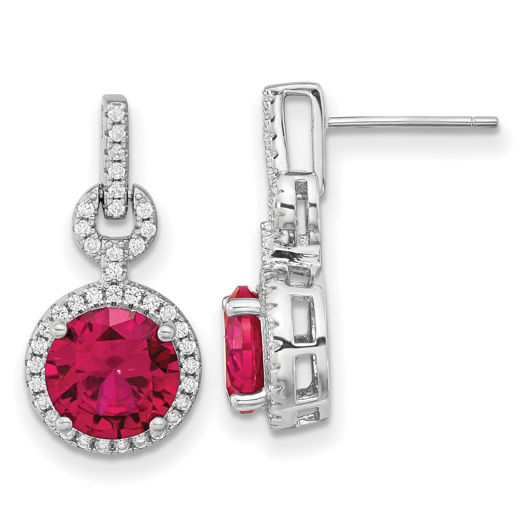 Cheryl M Sterling Silver Rhodium-plated Brilliant-cut Lab Created Ruby and Brilliant-cut White CZ Round Halo Post Dangle Earrings Main image