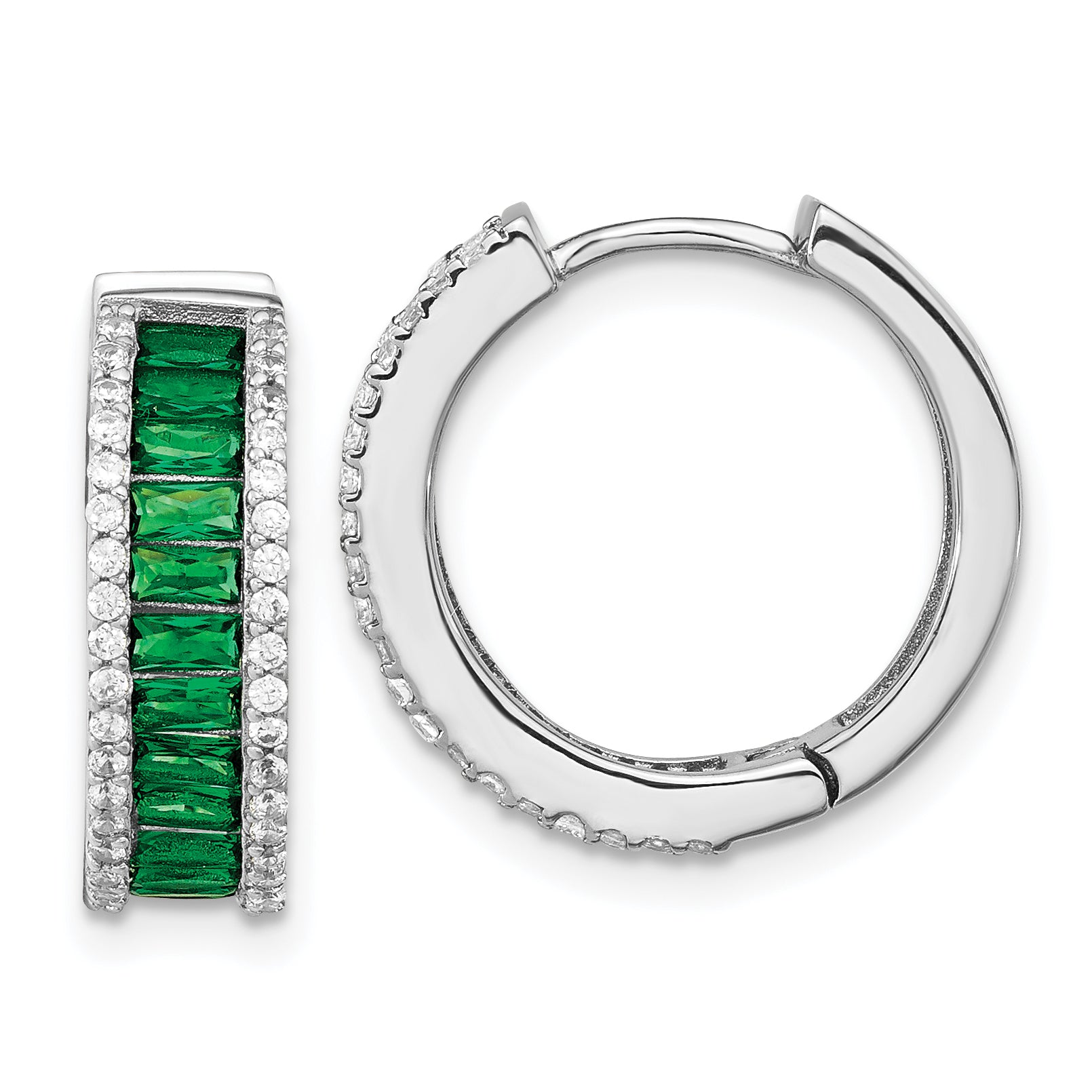 Cheryl M Sterling Silver Rhodium-plated Emerald-cut Green Nano Crystal and Brilliant-cut White CZ Round Hinged Hoop Earrings Main image