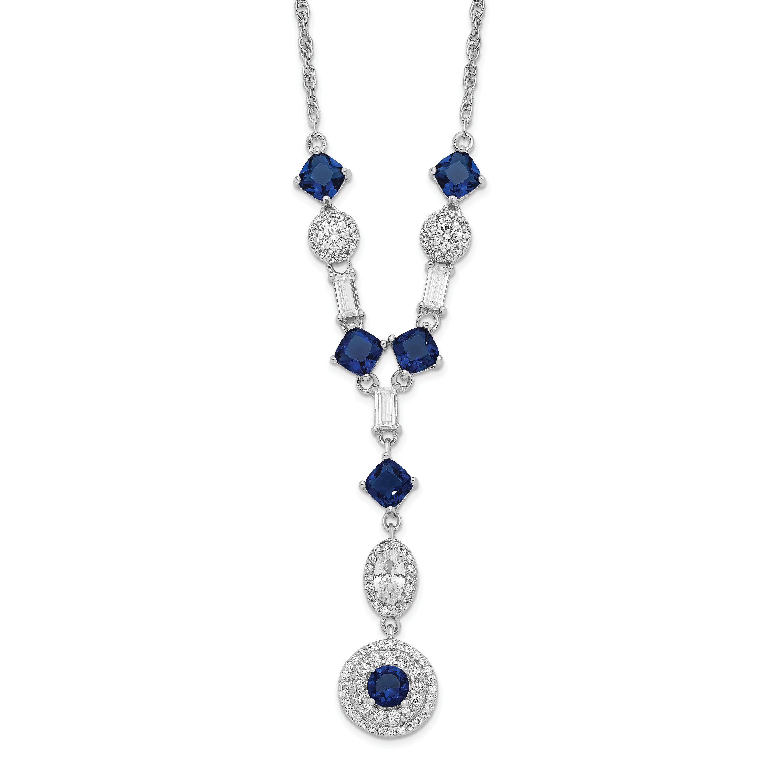 Cheryl M Sterling Silver Rhodium-Rhodium-Plated Cushion-cut/Brilliant-cut Blue Glass and Brilliant-cut/Baguette-cut White CZ Fancy Dangle Y-Drop 18 Inch Necklace Main image
