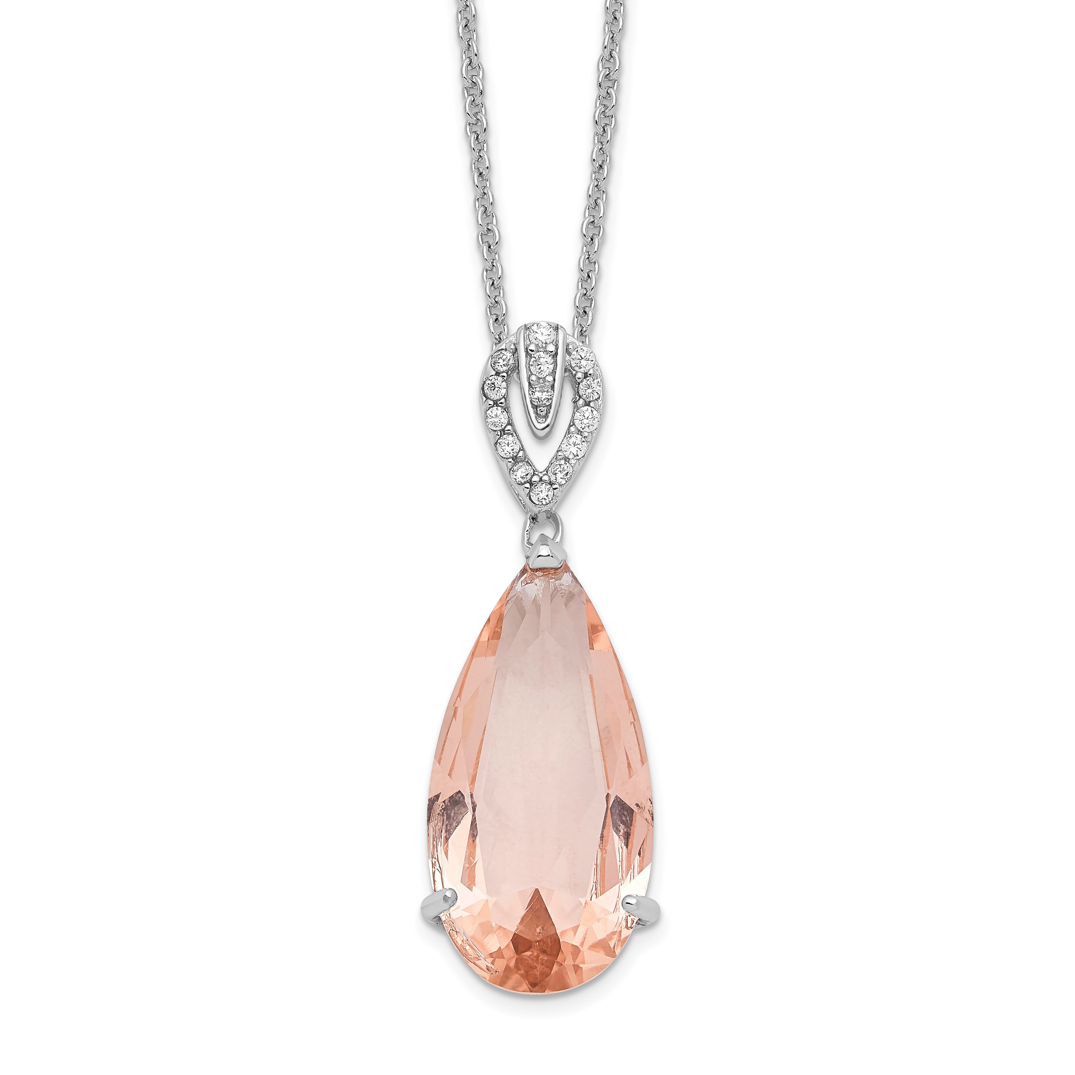 Cheryl M Sterling Silver Rhodium-Rhodium-Plated Brilliant-cut Simulated Morganite and White Brilliant-cut CZ Teardrop 18 Inch Necklace Main image