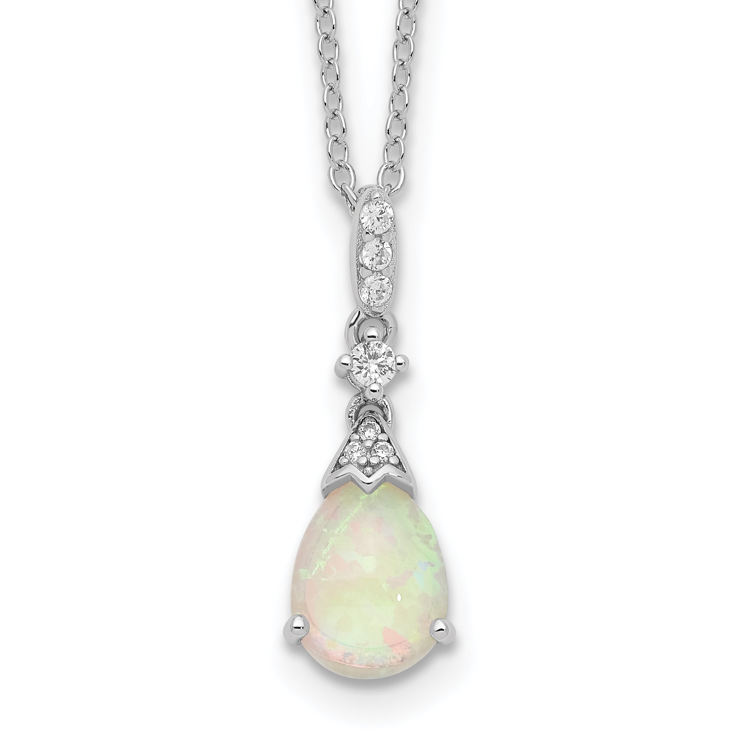 Cheryl M Sterling Silver Rhodium-Rhodium-Plated Cabochon Lab Created Opal and Brilliant-cut CZ Teardrop 18 Inch Necklace Main image
