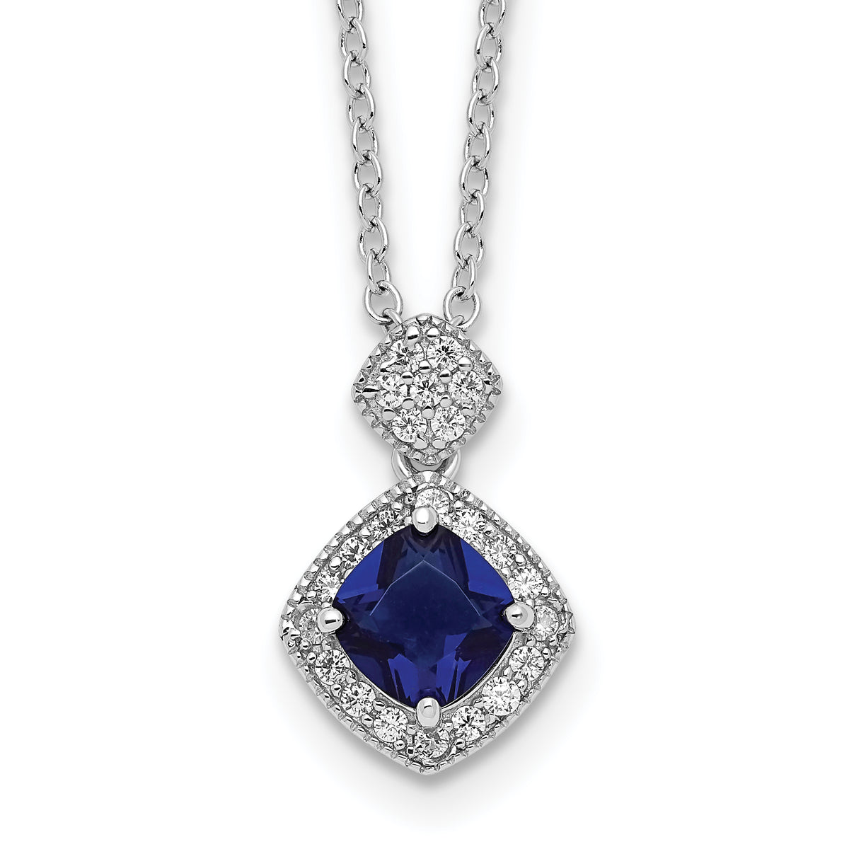 Cheryl M Sterling Silver Rhodium-Rhodium-Plated Cushion-cut Blue Glass and Brilliant-cut White CZ 18 Inch Necklace