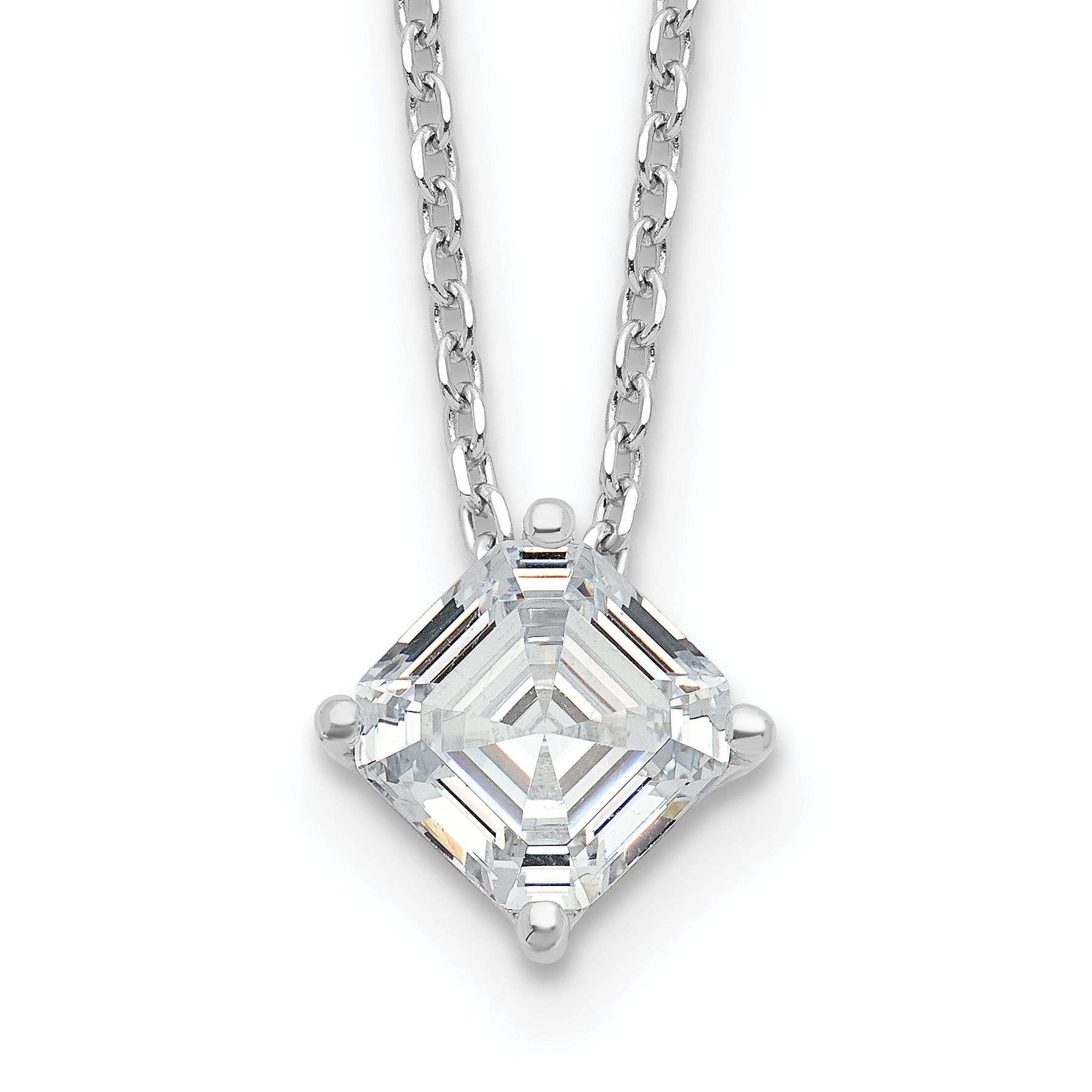 Cheryl M Sterling Silver Rhodium-Rhodium-Plated Square Step-Cut CZ 16 Inch Necklace with 2 Inch Extender