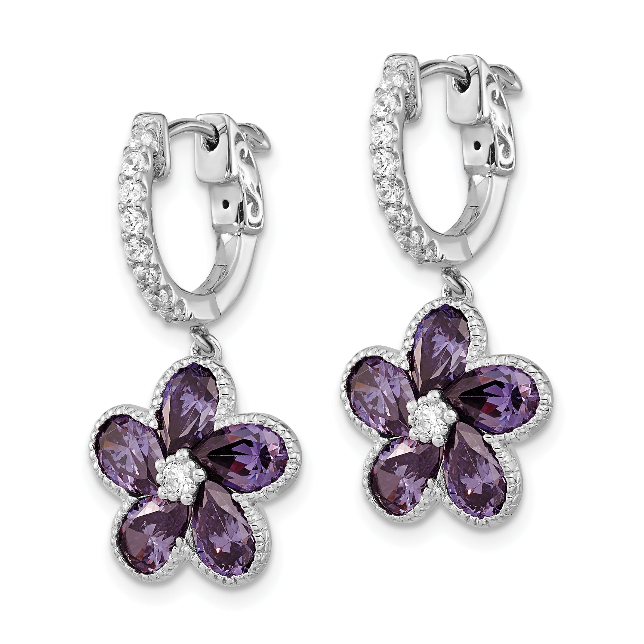 Cheryl M Sterling Silver Rhodium-plated Purple and White Brilliant-cut CZ Flower Hinged Hoop Dangle Earrings Secondary image