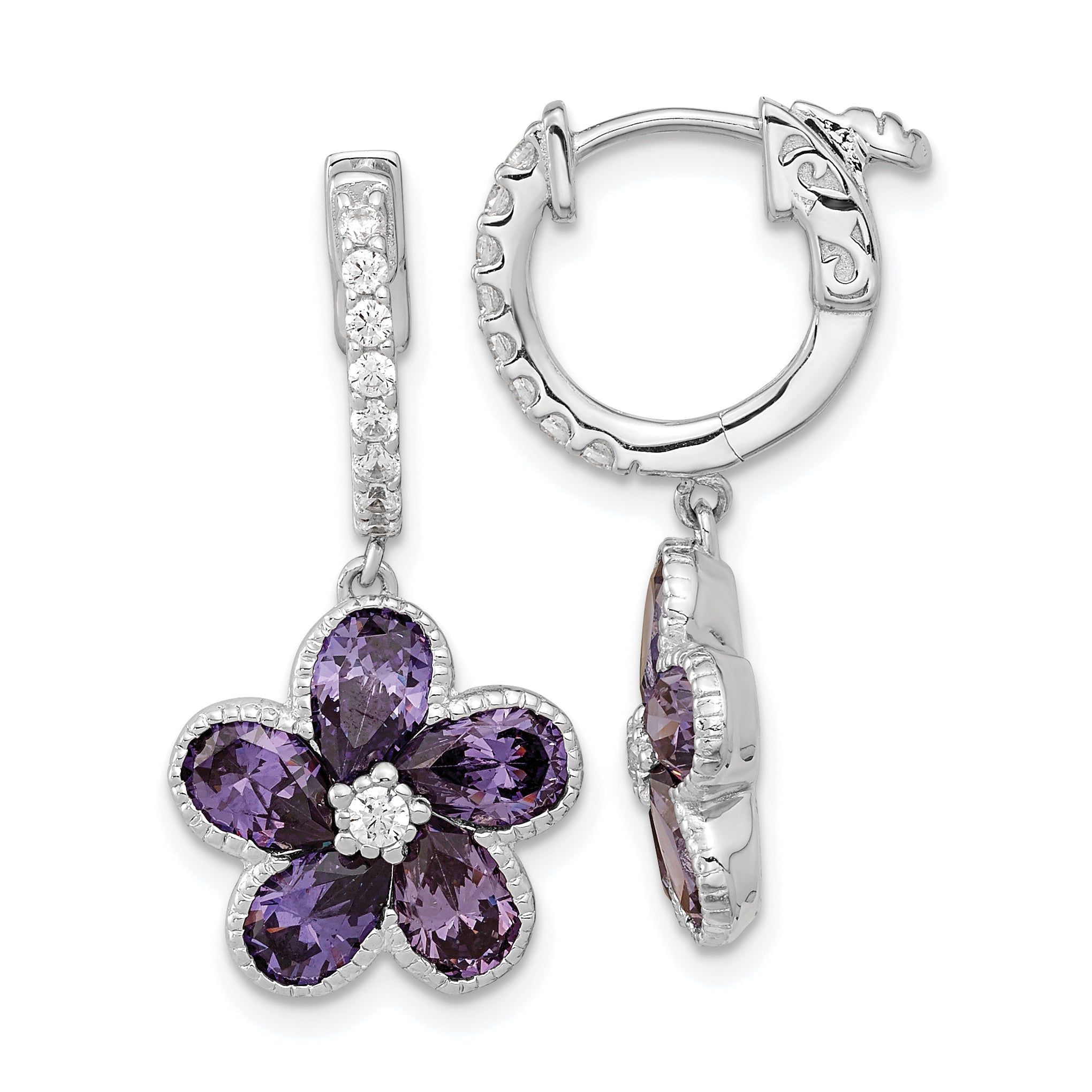 Cheryl M Sterling Silver Rhodium-plated Purple and White Brilliant-cut CZ Flower Hinged Hoop Dangle Earrings Main image