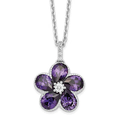 Cheryl M Sterling Silver Rhodium-Rhodium-Plated Purple and White Brilliant-cut CZ Flower 16 Inch Necklace with 2 Inch Extender