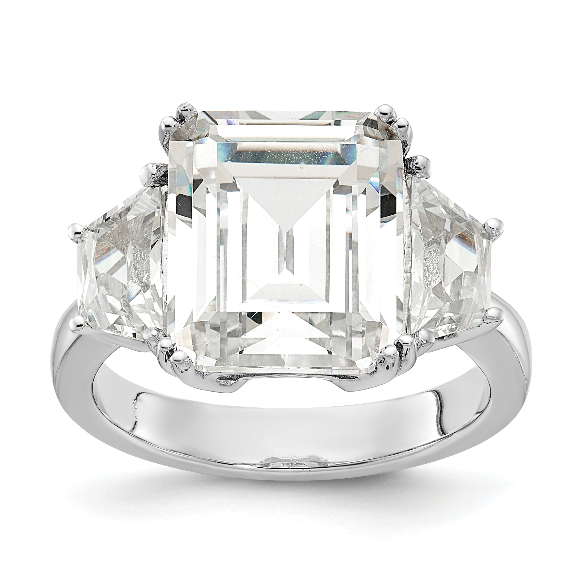 Cheryl M Sterling Silver Rhodium-plated Fancy Emerald-cut and Brilliant-cut CZ 3 Stone Ring Main image