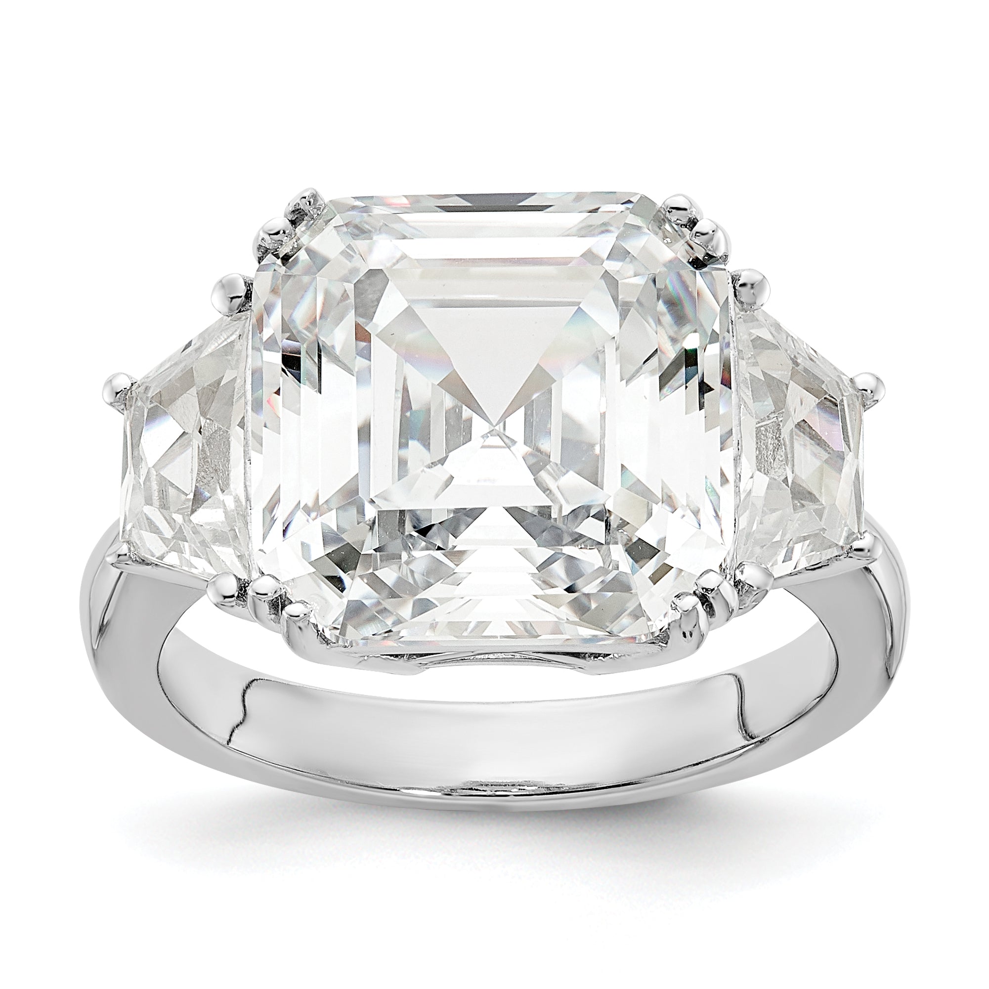 Cheryl M Sterling Silver Rhodium-plated Asscher-cut and Brilliant-cut CZ 3 Stone Ring Main image